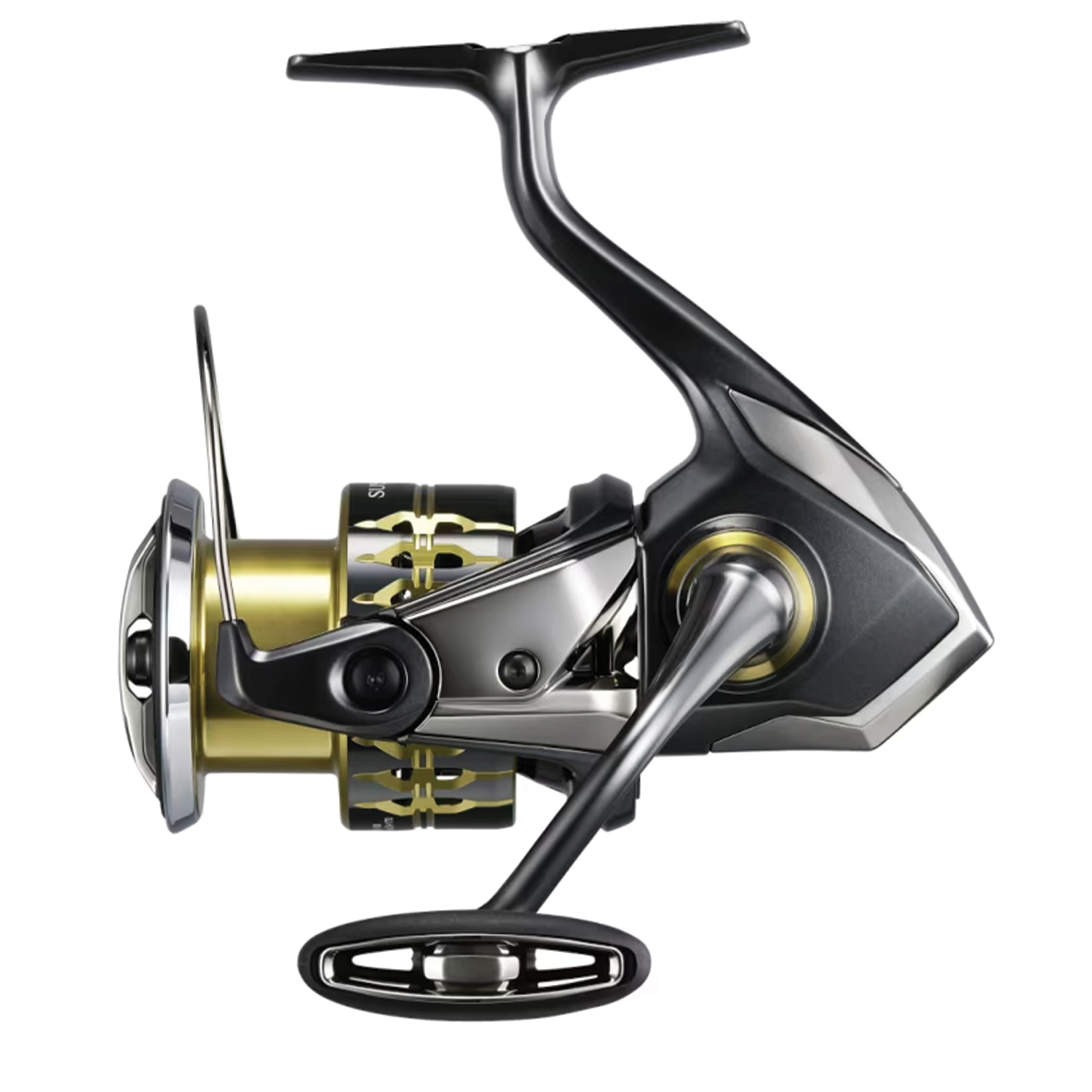 Close-up of a sleek Shimano Sustain FK fishing reel featuring a black and gold finish, designed for smooth performance in fishing tackle equipment.