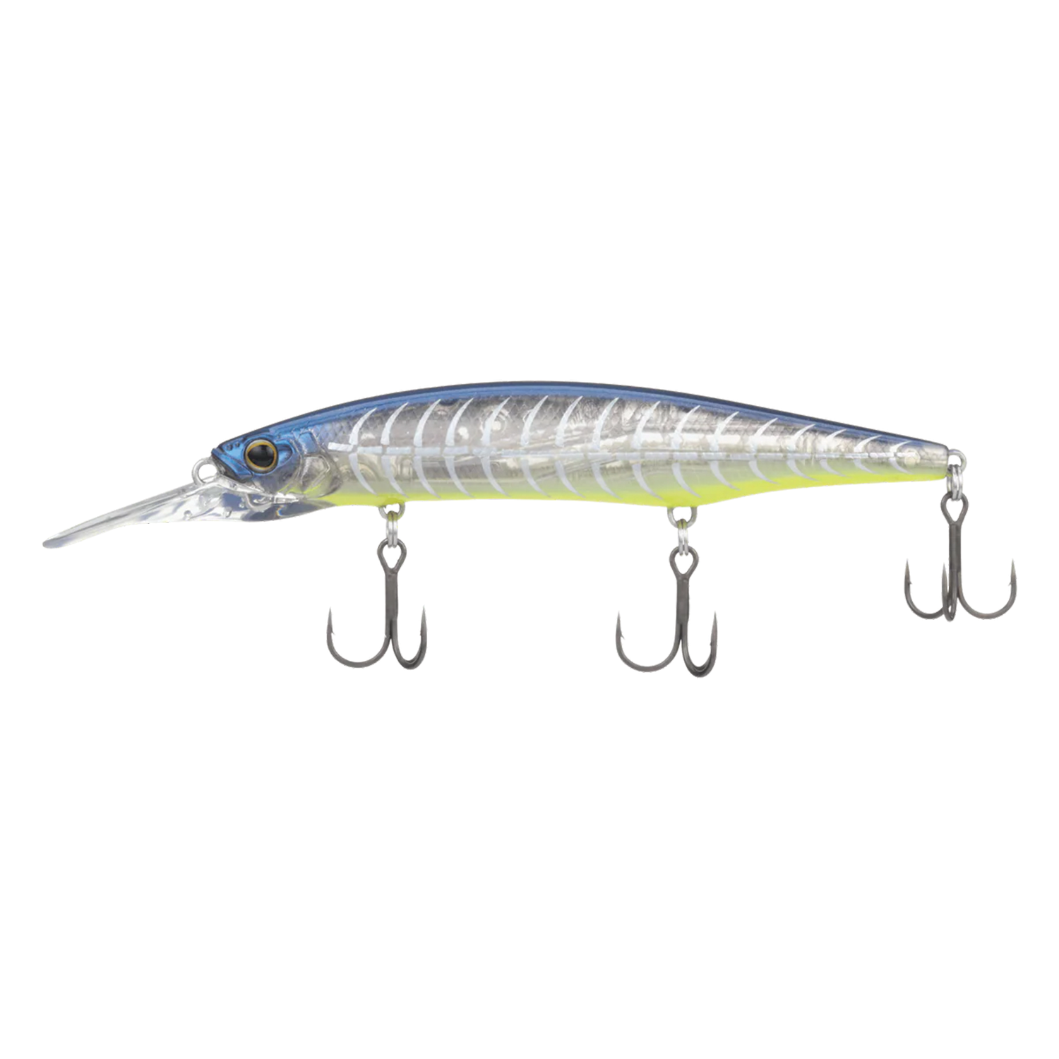 Shimano Zumverno SP - Flash Boost fishing lure with a blue and silver body, realistic scale pattern, three sharp treble hooks, and a clear diving lip for deep water fishing.