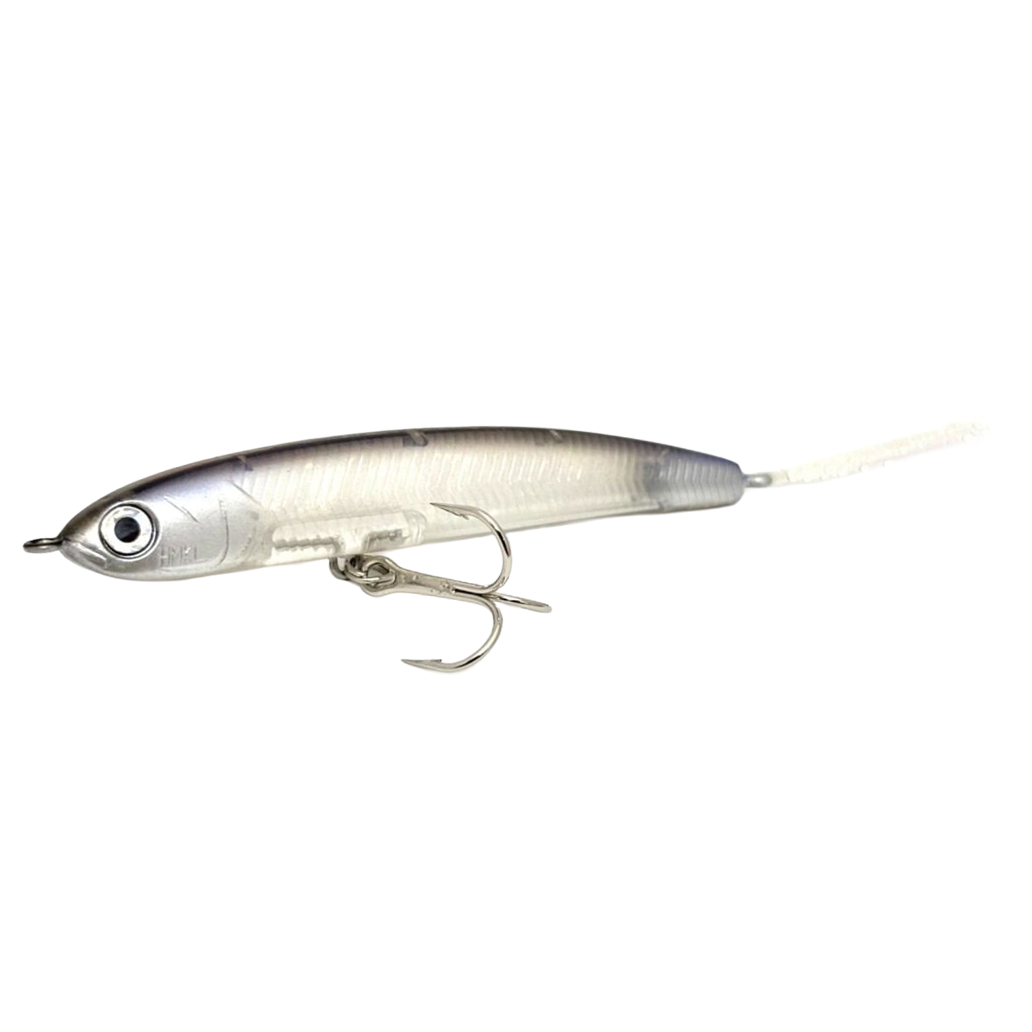 HMKL Jordan 65 F fishing lure with a sleek, translucent gray body and realistic eyes, featuring a sharp treble hook for effective musky and freshwater fishing.