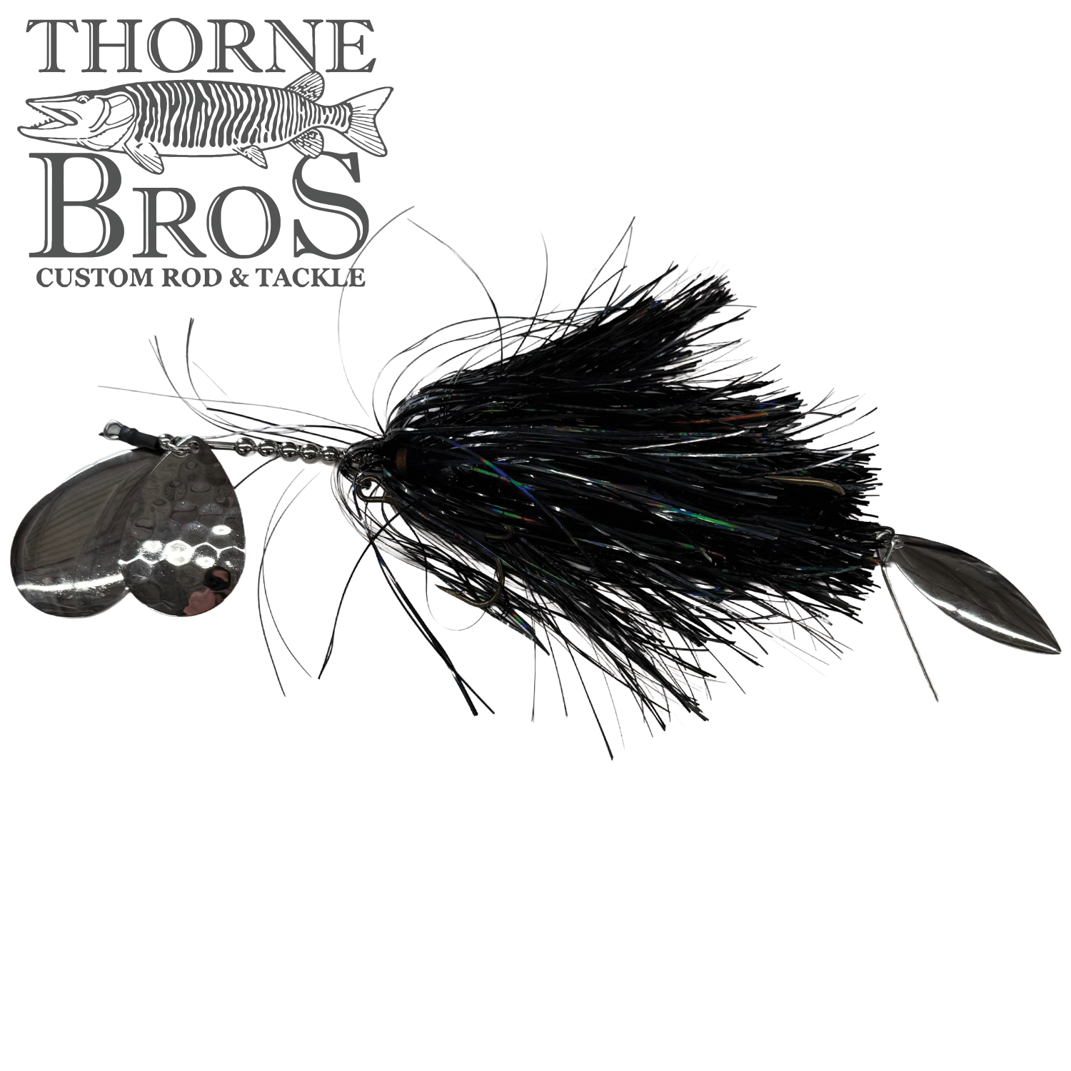 Hunsy Tails 8/9 Banger fishing lure with black feathers, two hammered silver spinner blades, and a shiny silver blade at the rear, designed for musky fishing.