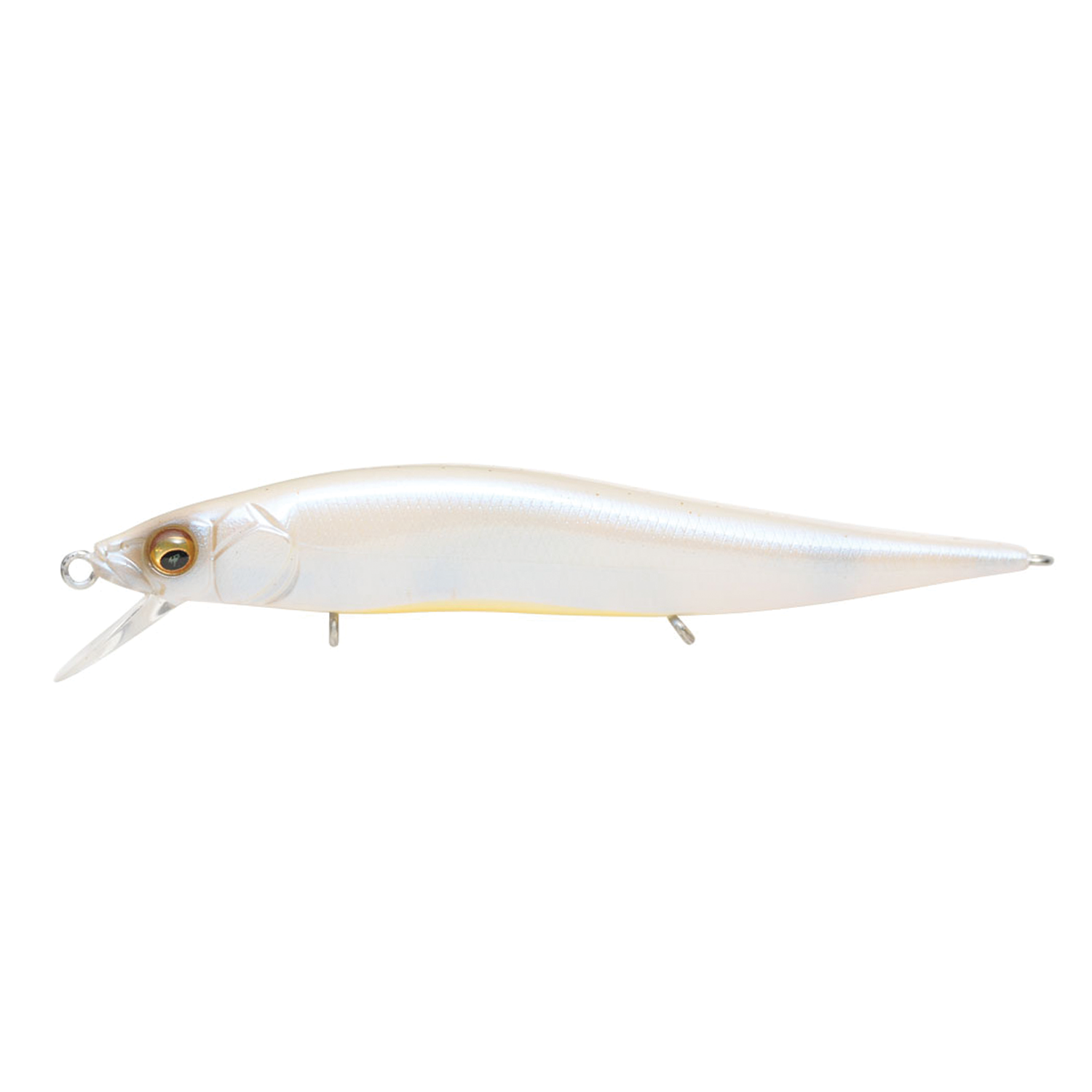 Megabass Vision 110 Jr. fishing lure in pearlescent white with lifelike eyes, streamlined body, and small diving lip designed for realistic movement to attract fish.
