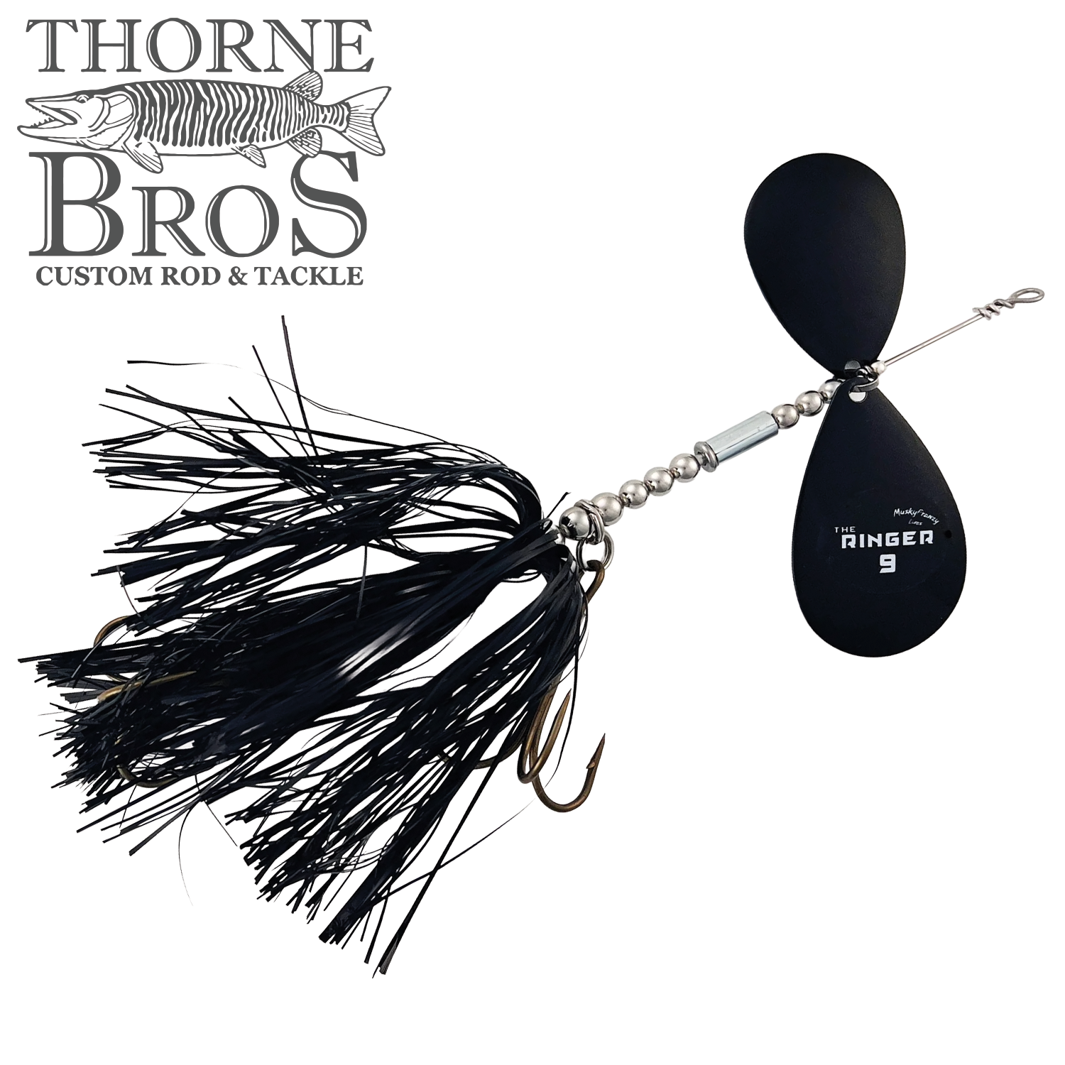 Musky Frenzy The Ringer 9 black fishing lure with twin spinner blades, silver beads, and black skirt designed for musky fishing, displayed on white background.