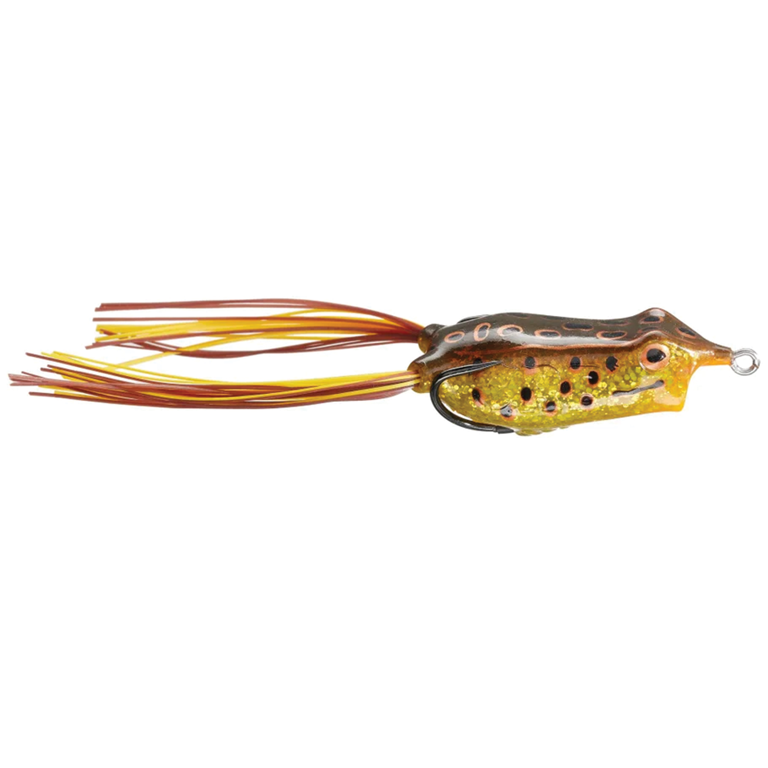 Copper Red Baits Loud Mouth Frog fishing lure designed to mimic a frog with a green and brown body, red and yellow skirt, and built-in hook for musky and other freshwater fishing.