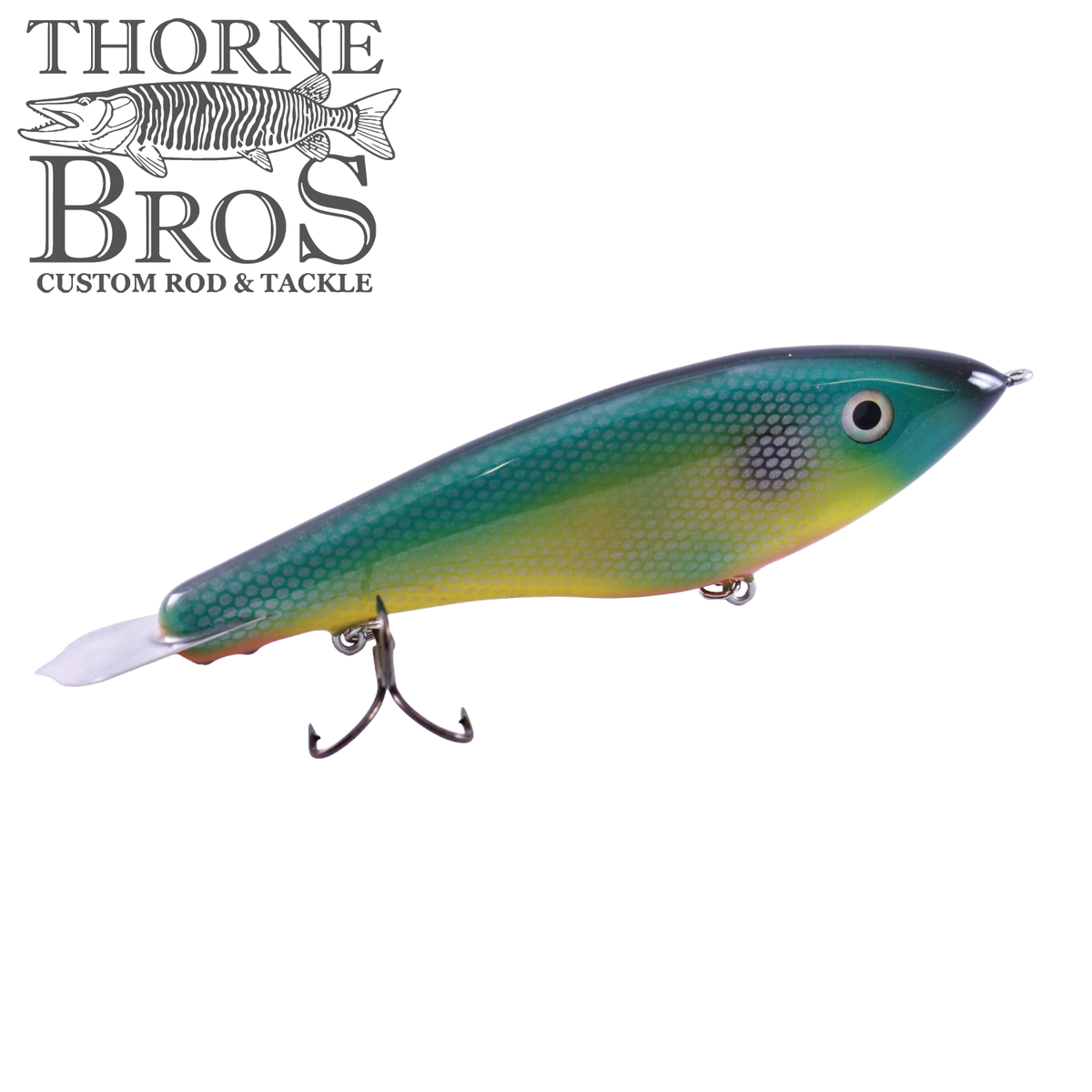 Bitten Warlock - MAG. musky fishing lure by Thorne Bros with a blue green scaled body yellow belly and treble hooks for fishing tackle
