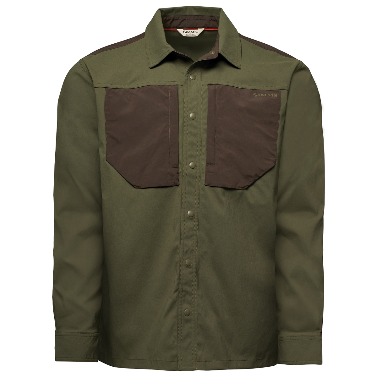 Simms Confluence Shirt - Men's (New 2027) olive green men's shirt with brown chest pockets long sleeves collar and snap front closure