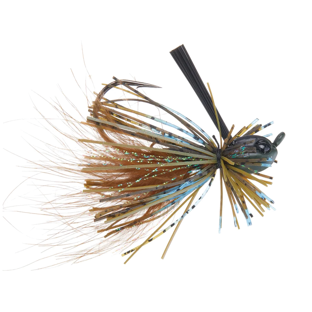 Beast Coast Hustler Hybrid Finesse Jig featuring a black blue and brown skirt with fine flash strands and a weed guard for freshwater fishing tackle