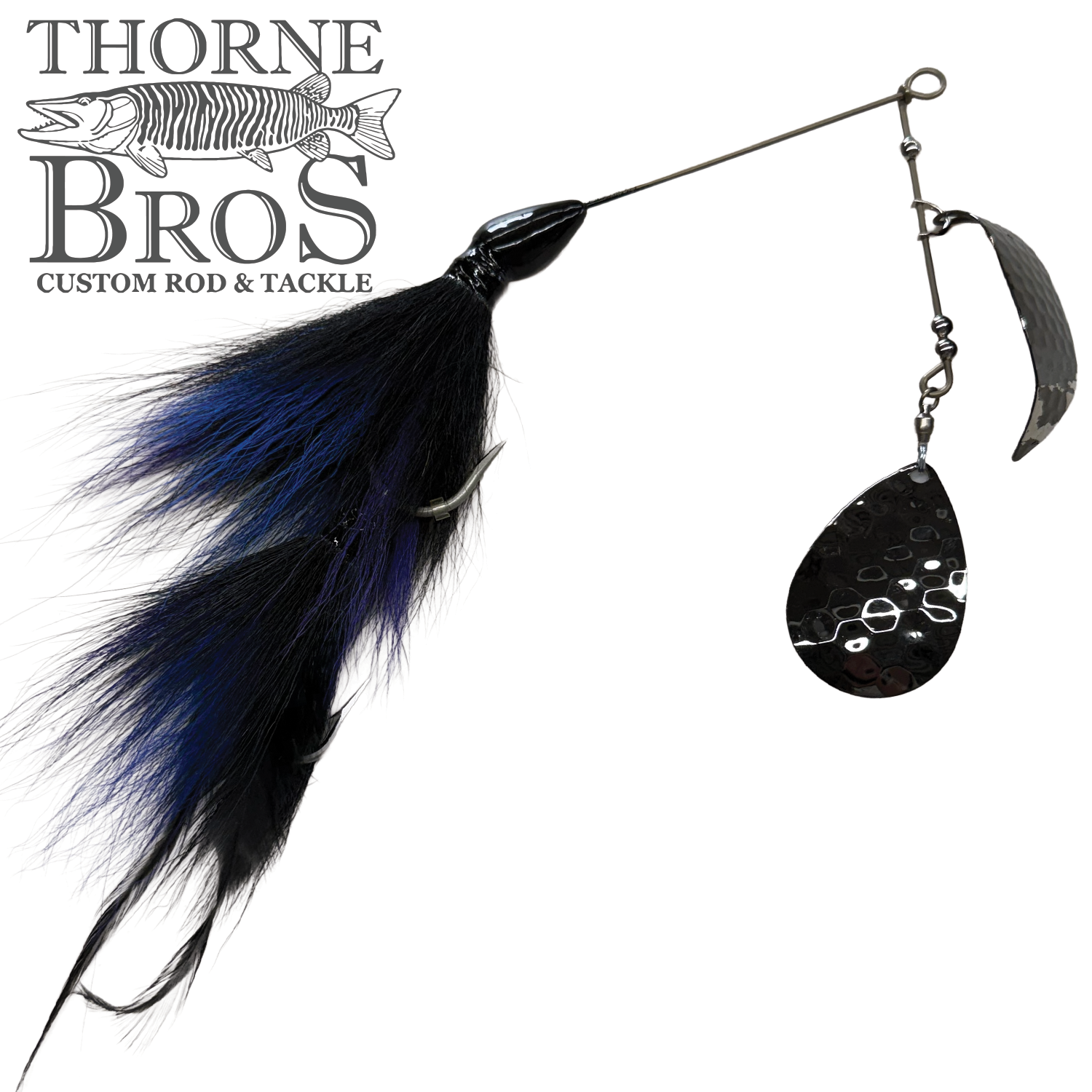 CJ'S Large Tandem Clicker fishing lure featuring black and blue feathered skirt, weighted head, and two hammered metal spinner blades designed for musky fishing.