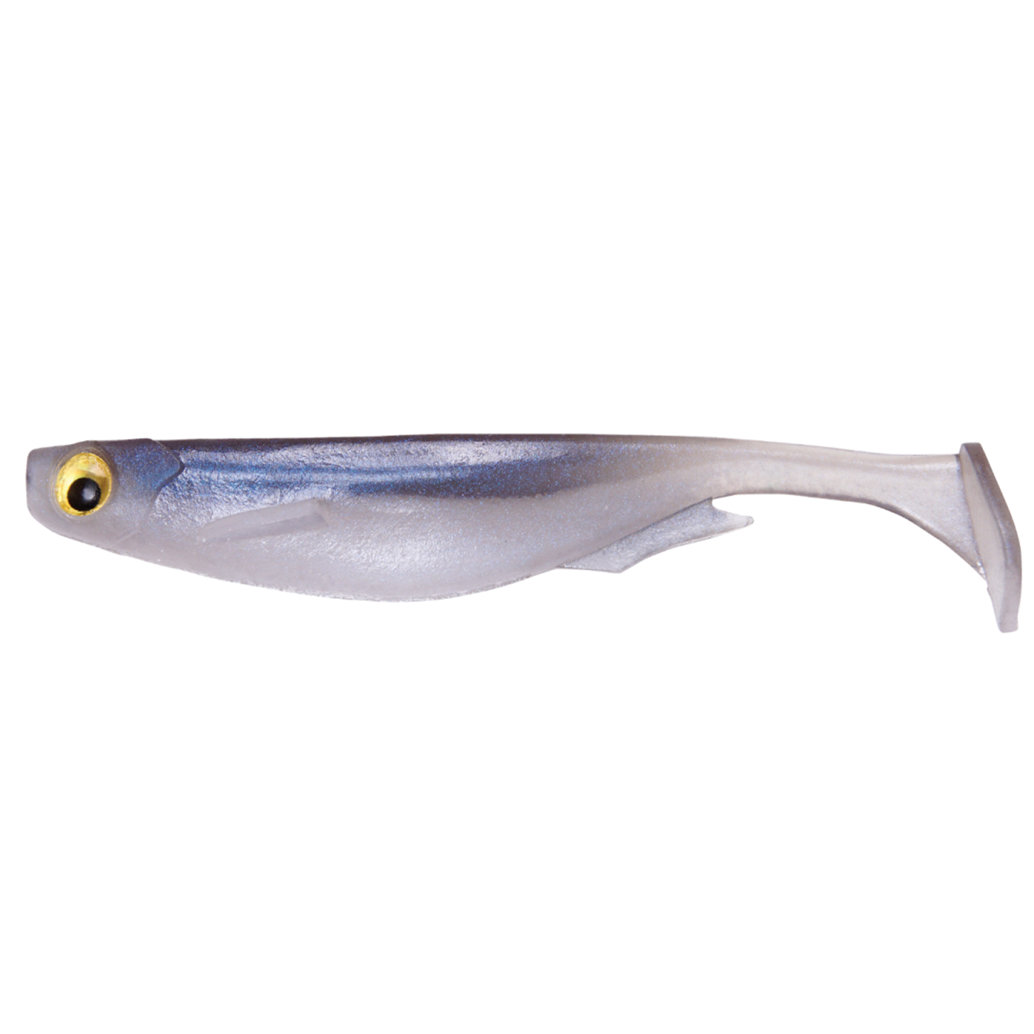 Megabass Spark Shad fishing lure in translucent silver and blue with a lifelike eye and paddle tail designed for realistic movement in water.