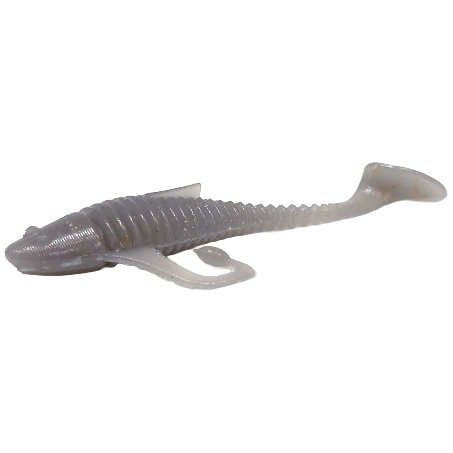 HMKL Alive Fat Coby (Tournament Pack) soft plastic fishing lure in grayish translucent color with ribbed body, paddle tail, and fin details designed for realistic movement in water.