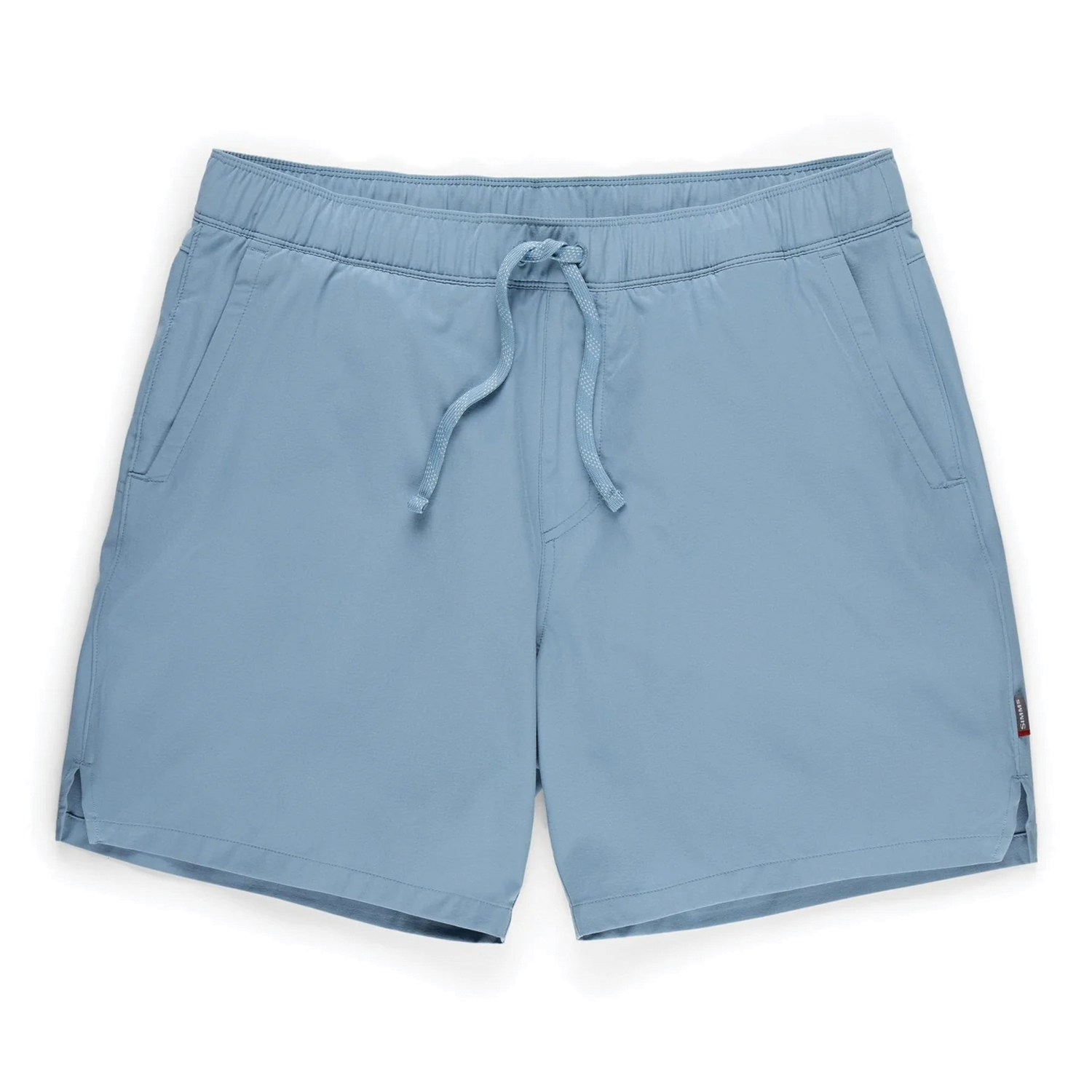 Simms Wanaka Water Short - Men's in light blue with elastic waistband, front pockets, and adjustable drawstring, designed for comfort and durability during fishing activities.