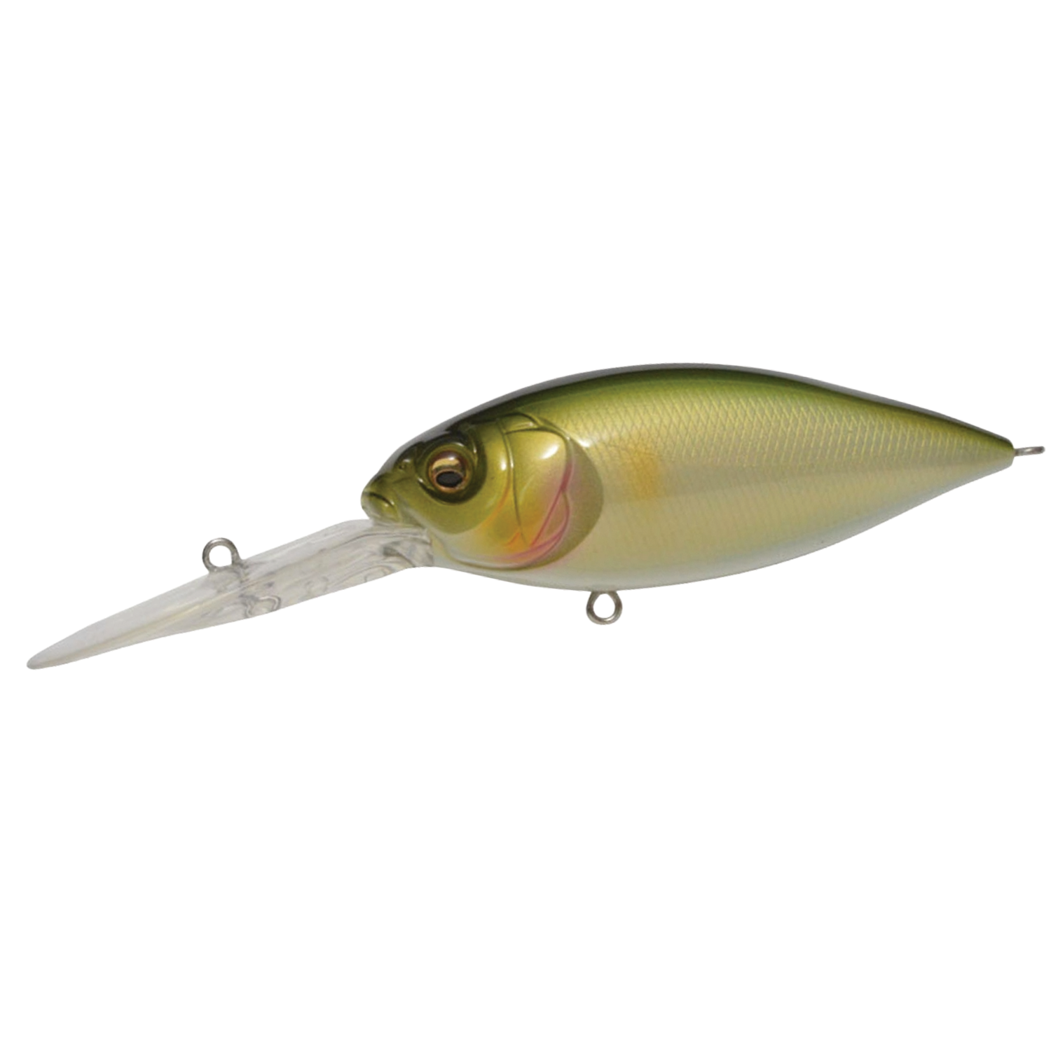 Megabass Deep-X 300 fishing lure in green and gold tones with a clear, extended diving lip for deep water fishing, designed for effective casting and retrieval.