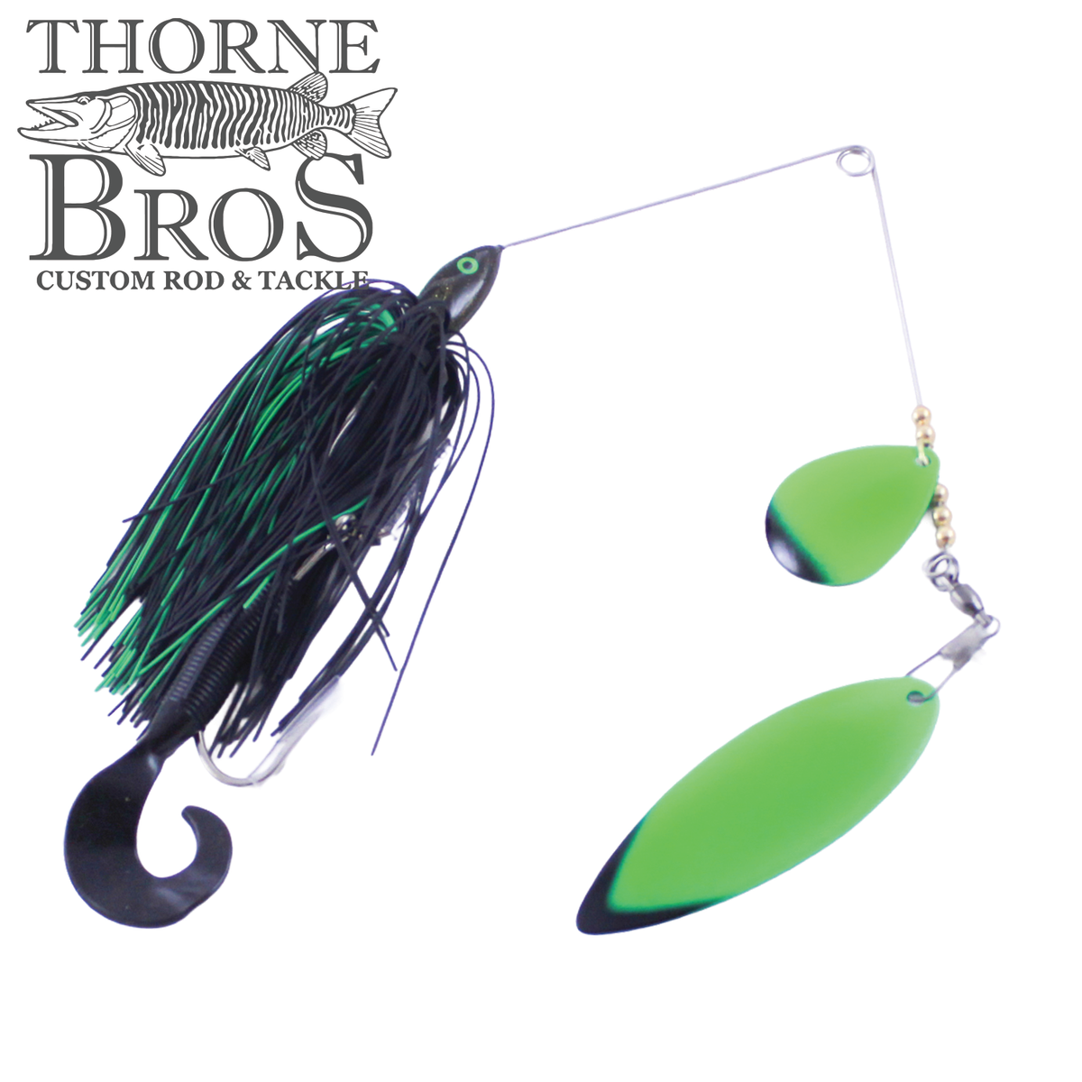 Ace Baits Small Spinnerbait with black and green skirt, twin lime green blades, and curled tail trailer for musky fishing tackle
