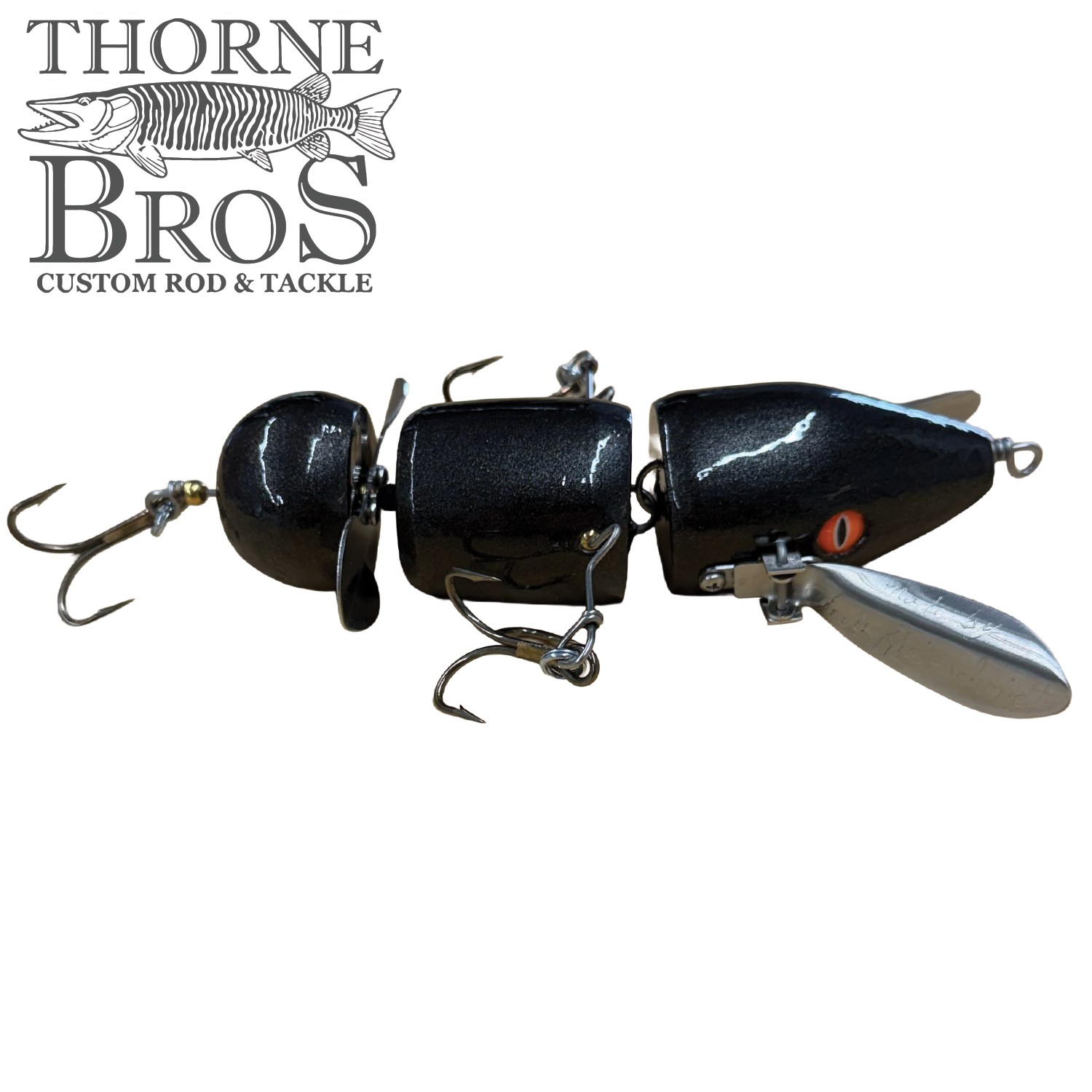 Musky Safari Franken Spitz Jr. black musky fishing lure with treble hooks and propeller blade for fishing tackle by Thorne Bros.