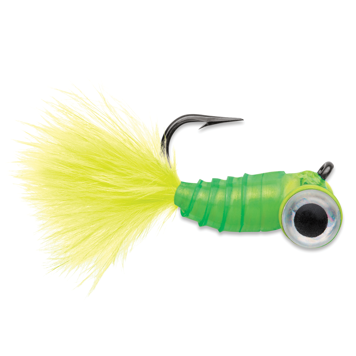 VMC Tungsten Gym Jig with a translucent green body oversized eye black hook and bright chartreuse feather tail for fishing tackle applications