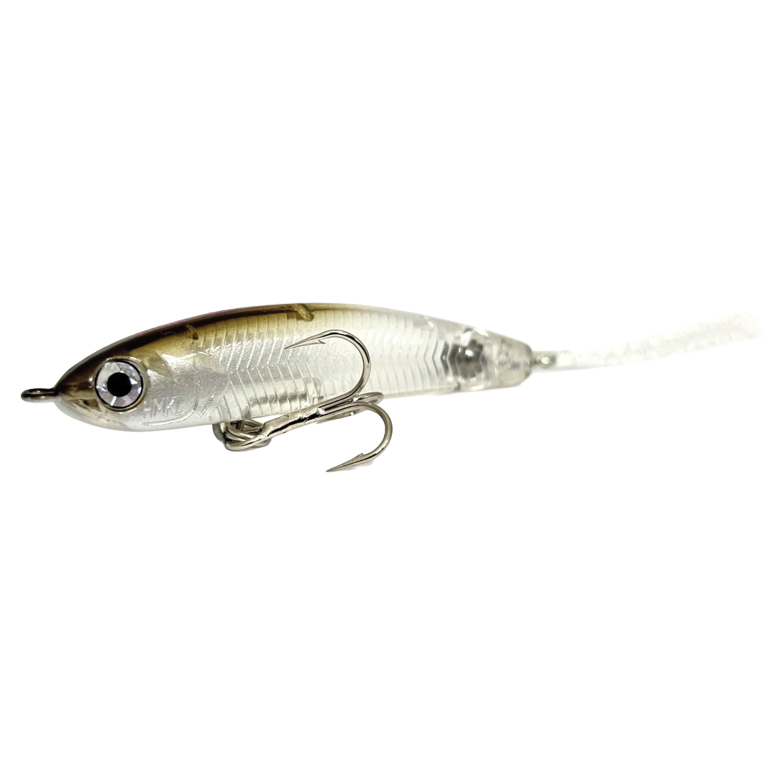 HMKL Jordan 50 F fishing lure with a realistic fish design, translucent body, detailed scales, large eyes, and a sharp treble hook for effective fishing tackle use.