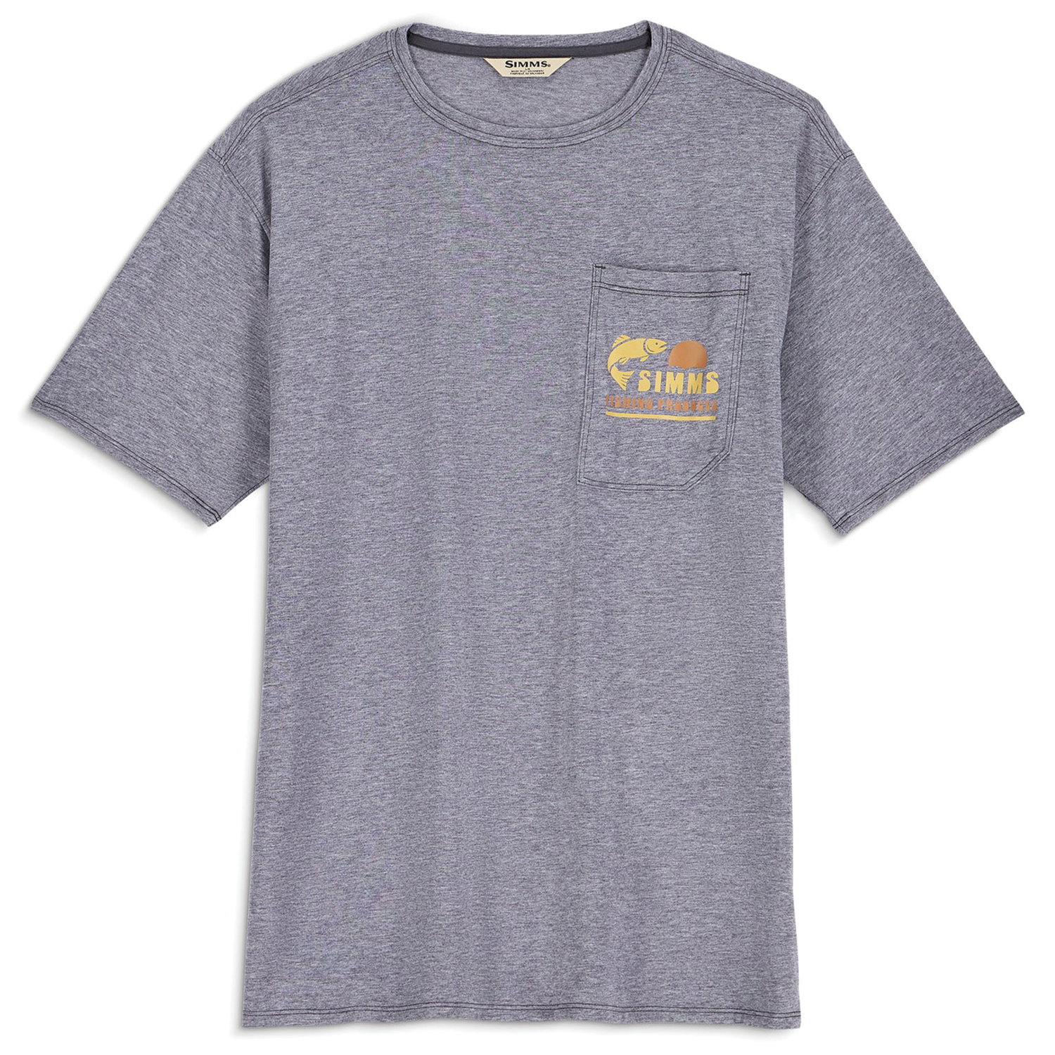 Simms Harbor Lightweight Pocket T-Shirt - Men's in heather gray featuring a front chest pocket with yellow fishing-themed logo, designed for comfort during fishing or outdoor activities.