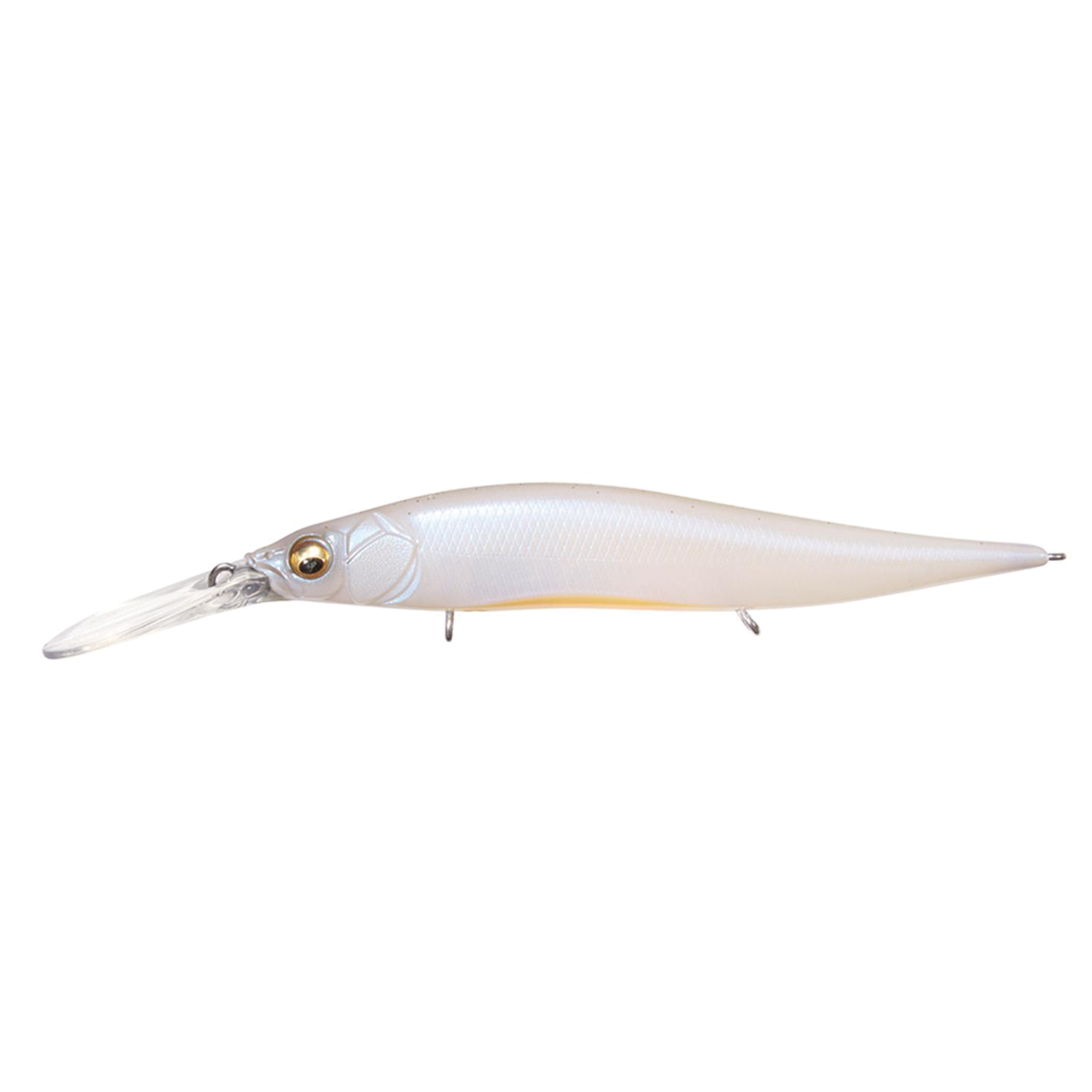 Megabass Vision 110+2 Jr. fishing lure in pearlescent white with detailed scales, lifelike gold eye, and extended clear diving lip for effective fishing tackle use.