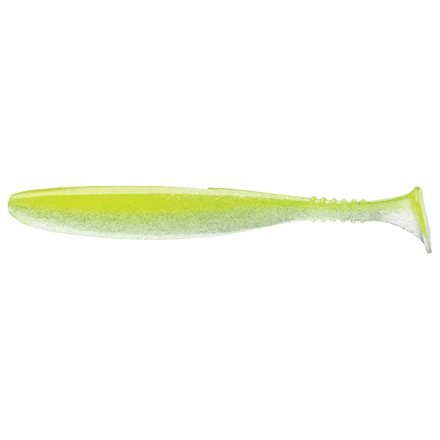 Soft plastic fishing lure in yellow and translucent white with glitter, designed for use with Daiwa Tournament D-Fin fishing rods and reels.