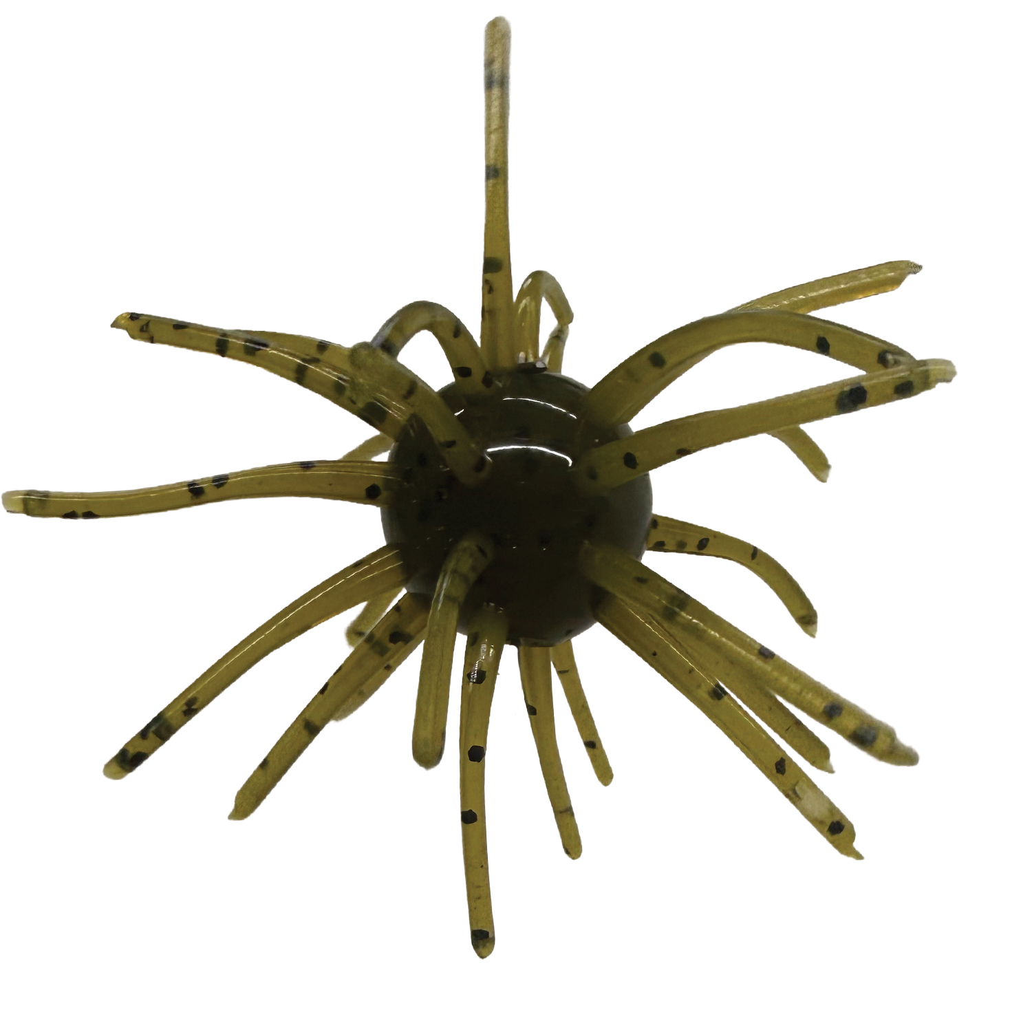 Randamu Lures Fuzzy Ball Mini soft plastic fishing lure featuring a greenish body with multiple flexible legs tipped with black spots designed to attract musky and other game fish.