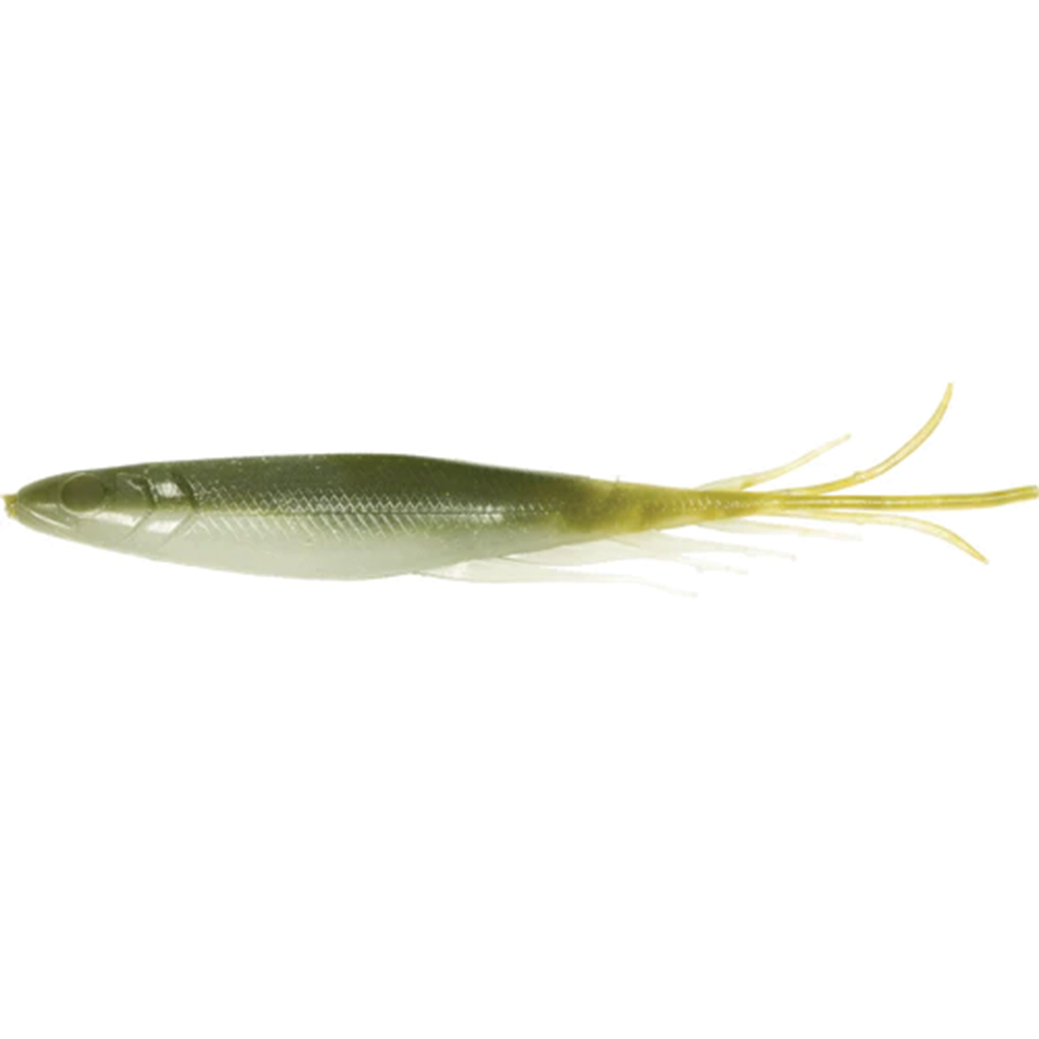 Hideup Judy Fish 5.2" fishing lure with a slender, fish-shaped body in olive green and yellow tones, featuring long trailing appendages for realistic movement.