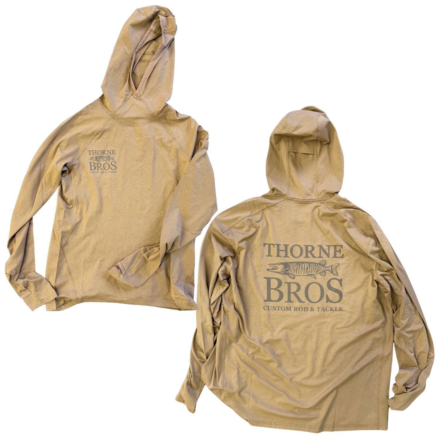 Simms Thorne Bros. Logo W's SolarFlex Hoody in light tan, lightweight long-sleeve fishing shirt with hood, featuring Thorne Bros. logo on front and back, designed for outdoor fishing comfort.