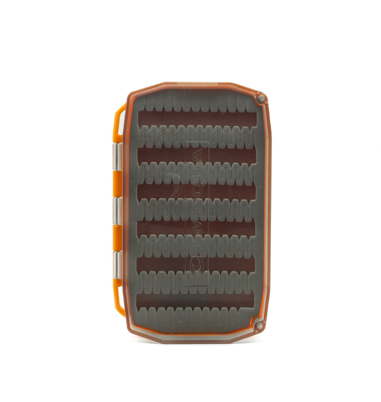 Umpqua Essential Foam Fly Box in bright orange with gray foam interior designed to securely hold fishing flies, ideal for organizing fishing tackle and gear.