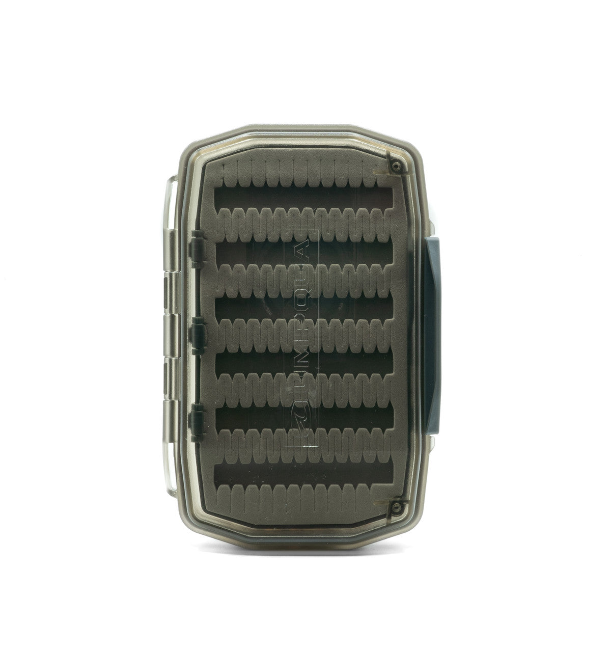 Umpqua Essential Foam Fly Box with translucent dark gray lid and foam inserts designed to securely hold and organize fishing flies for fishing tackle.