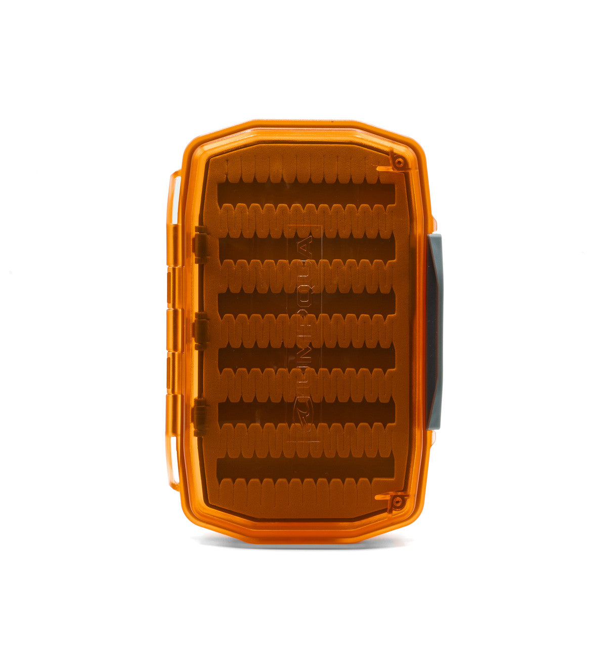 Umpqua Essential Foam Fly Box with translucent amber plastic lid and gray latch, designed to securely hold and organize fishing flies for anglers.