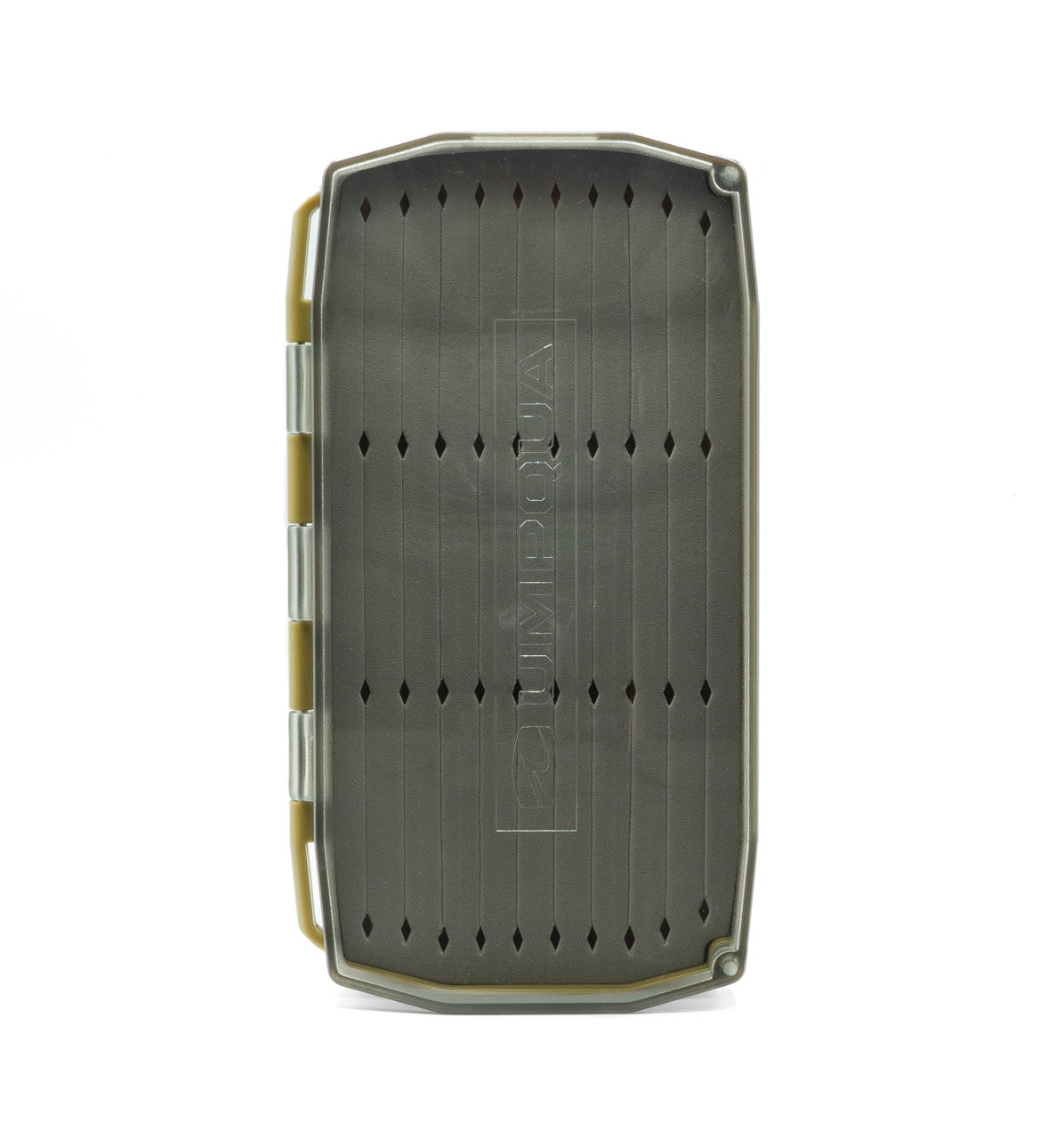 Umpqua Essential Foam Fly Box in gray with organized foam slots designed to securely hold various fishing lures and flies, ideal for fishing tackle storage and transport.