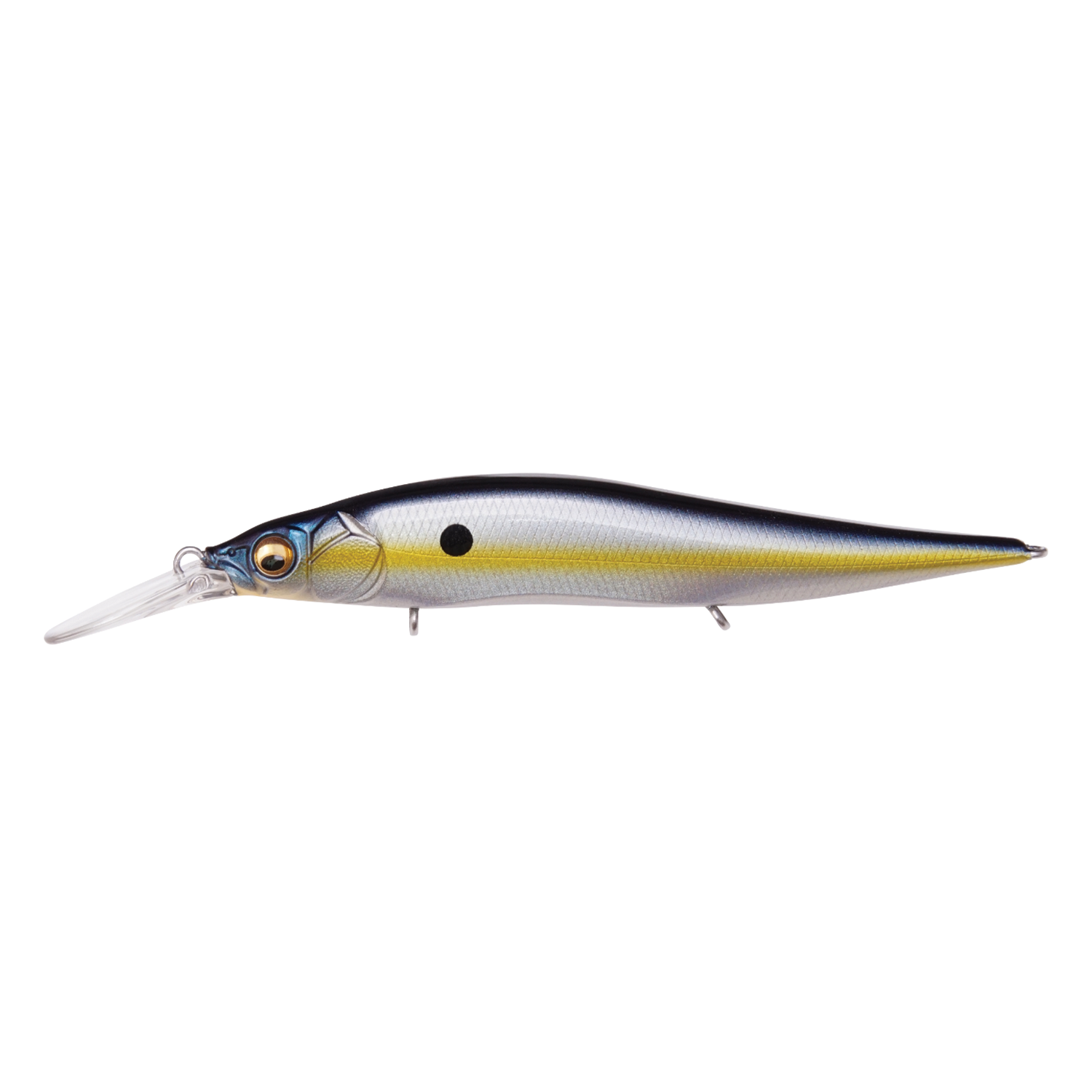 Megabass Vision 110+1 Jr. fishing lure with a sleek, elongated body, realistic fish scale pattern, and a clear diving lip designed for effective fishing tackle use.