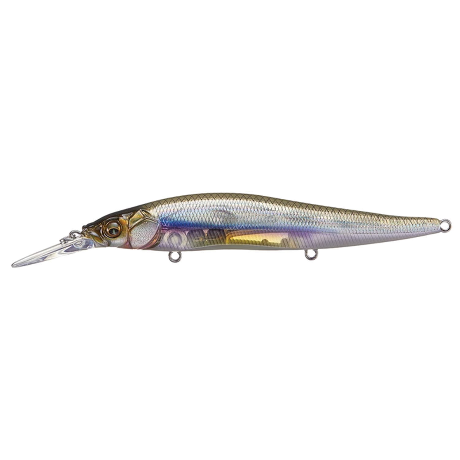 Megabass Vision 110+1 fishing lure with a detailed, holographic fish design, featuring a clear diving lip and realistic scale texture for effective fishing tackle use.