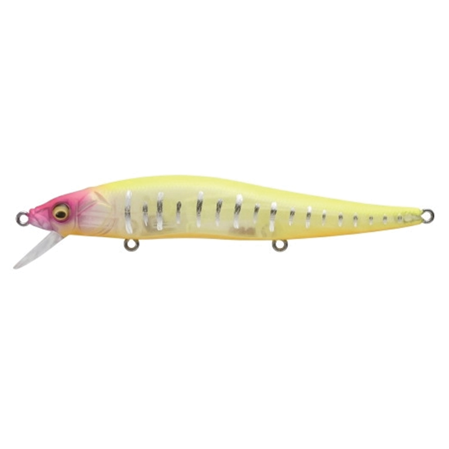 Megabass Vision 110 Jr. fishing lure in translucent yellow with pink head and silver scale details, designed for freshwater musky and bass fishing tackle.