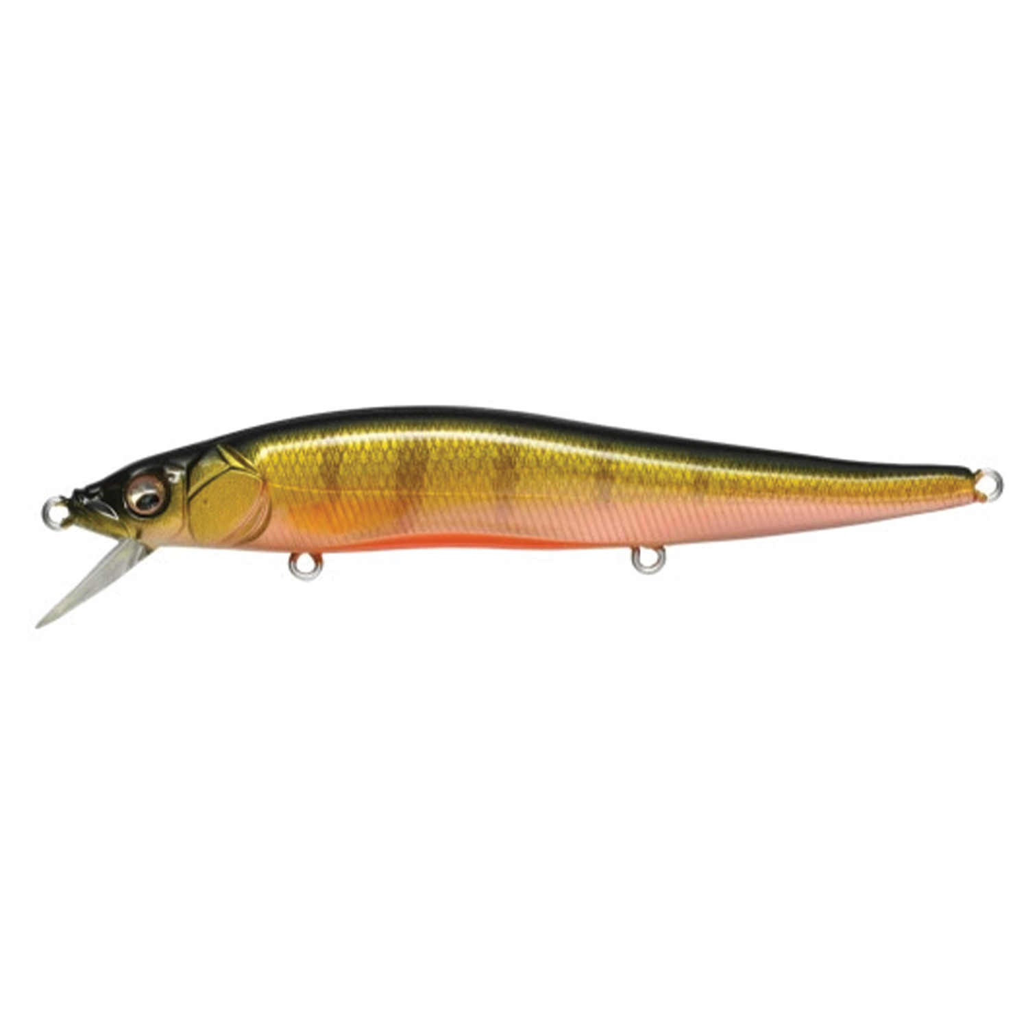 Megabass Vision 110 fishing lure with a sleek, elongated body in gold and orange hues, featuring realistic fish scale detailing and a small diving lip for lifelike movement.