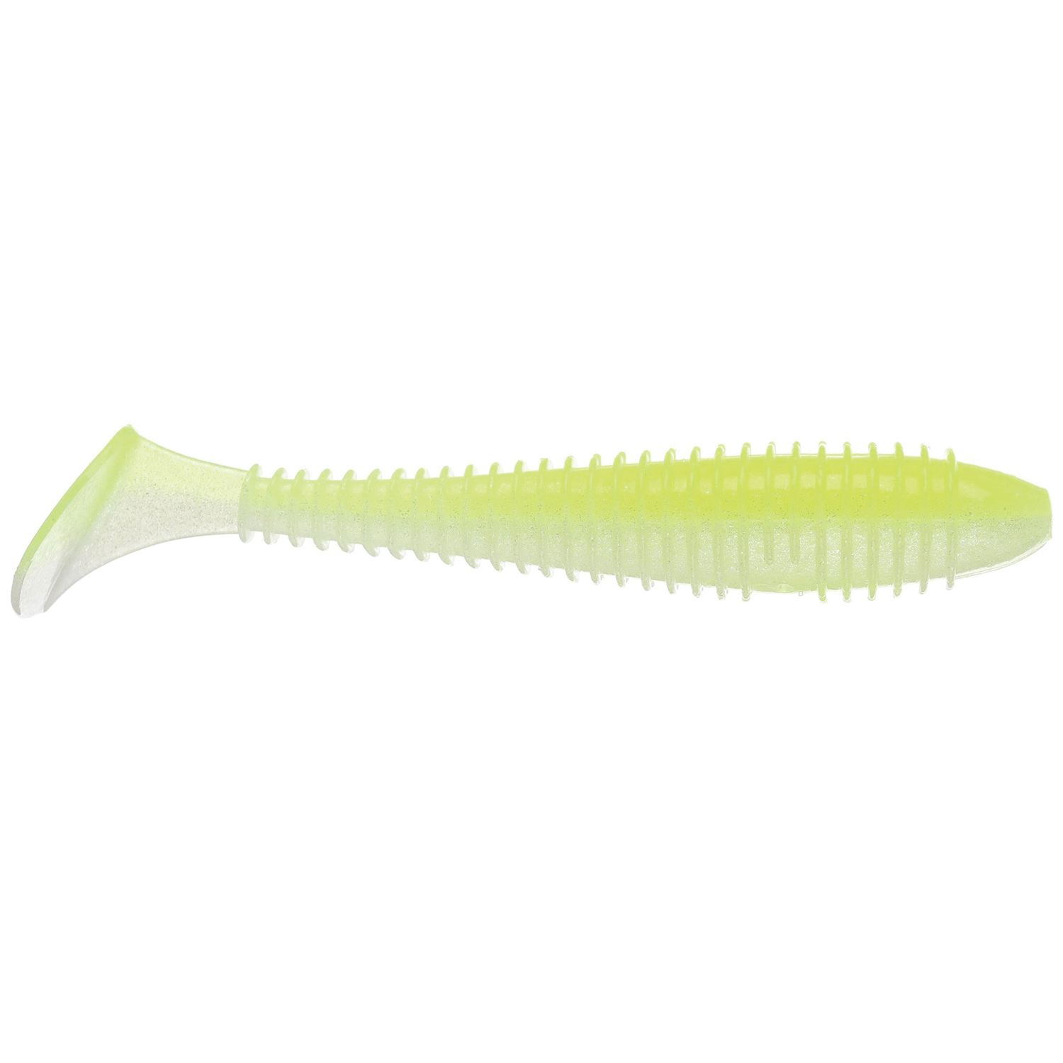 Keitech Fat Swing Impact 3.3" soft fishing lure in translucent chartreuse with ribbed body and paddle tail, designed for attracting muskies and other predator fish.