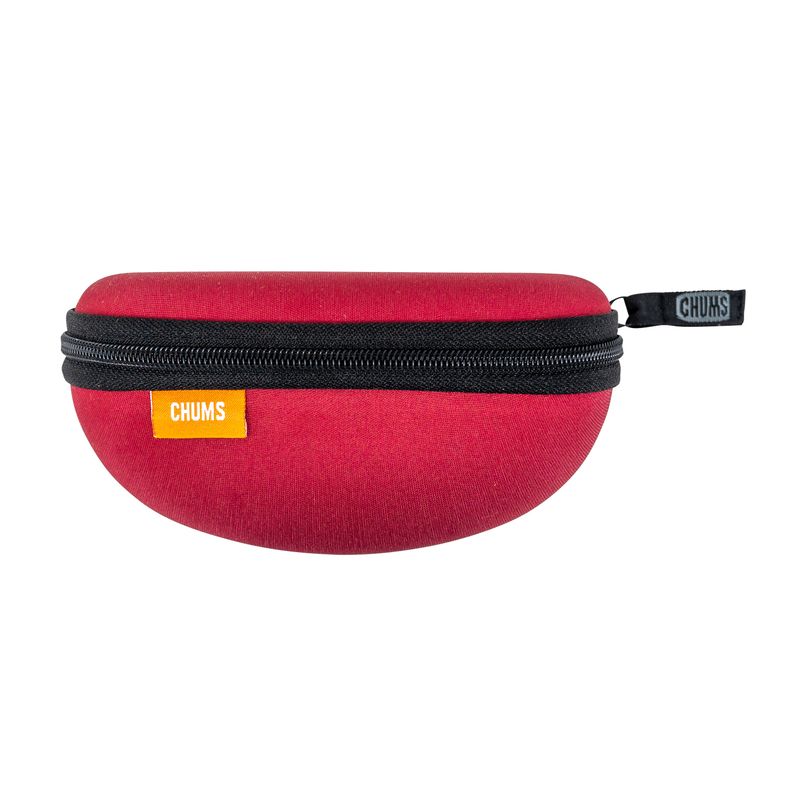 Red hard-shell zippered case with a black zipper and fabric pull tab, featuring a small yellow patch with the Chums logo, designed for secure storage in the Chums Transporter Case.