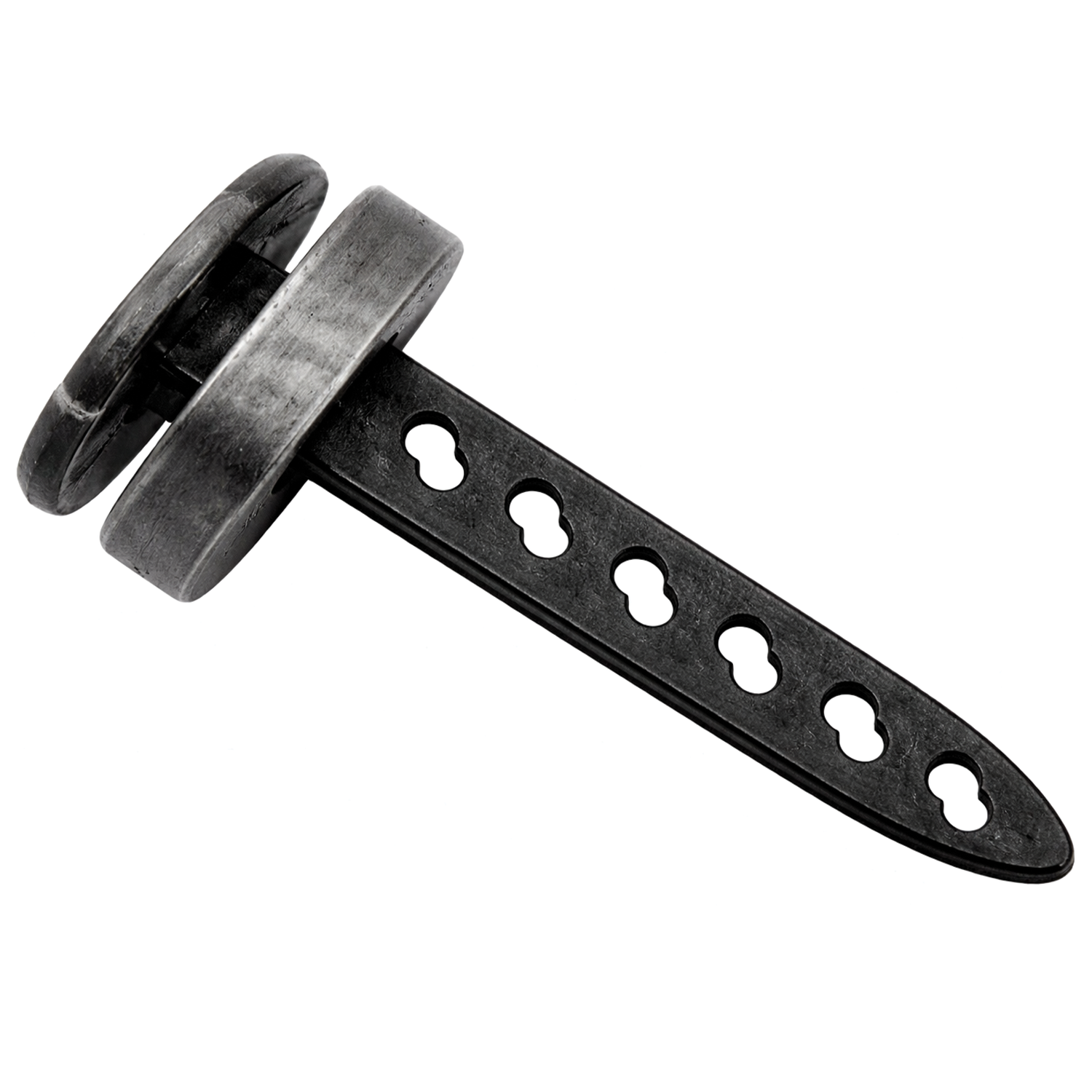 Super Baitlock Weights, a durable fishing tackle weight with a black perforated strap and circular metal weight used for secure bait placement in musky and ice fishing gear.