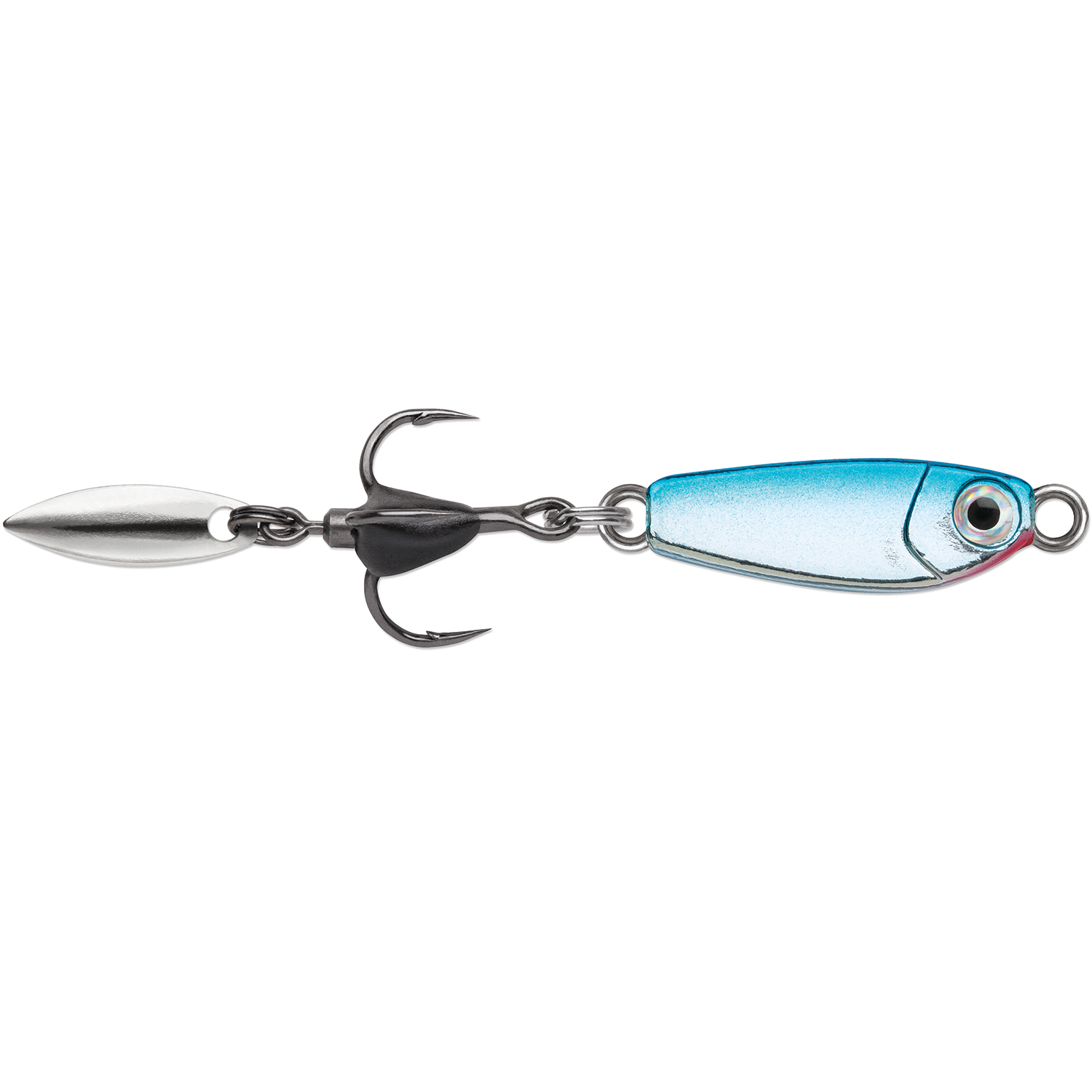 VMC Bladed Bull Spoon fishing lure featuring a metallic blue and silver fish-shaped body, a sharp treble hook, and an attached spinning blade for added flash and attraction.