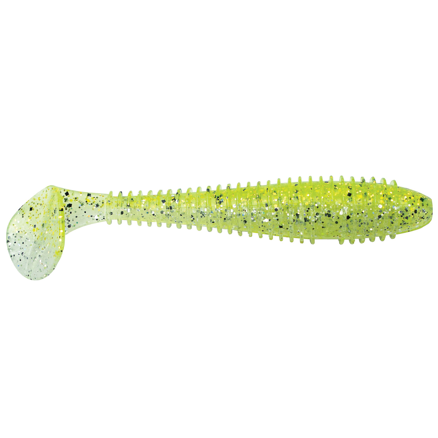 Keitech Fat Swing Impact 3.3" soft plastic fishing lure in translucent chartreuse with black and silver flecks, designed for lifelike swimming action in fishing tackle.