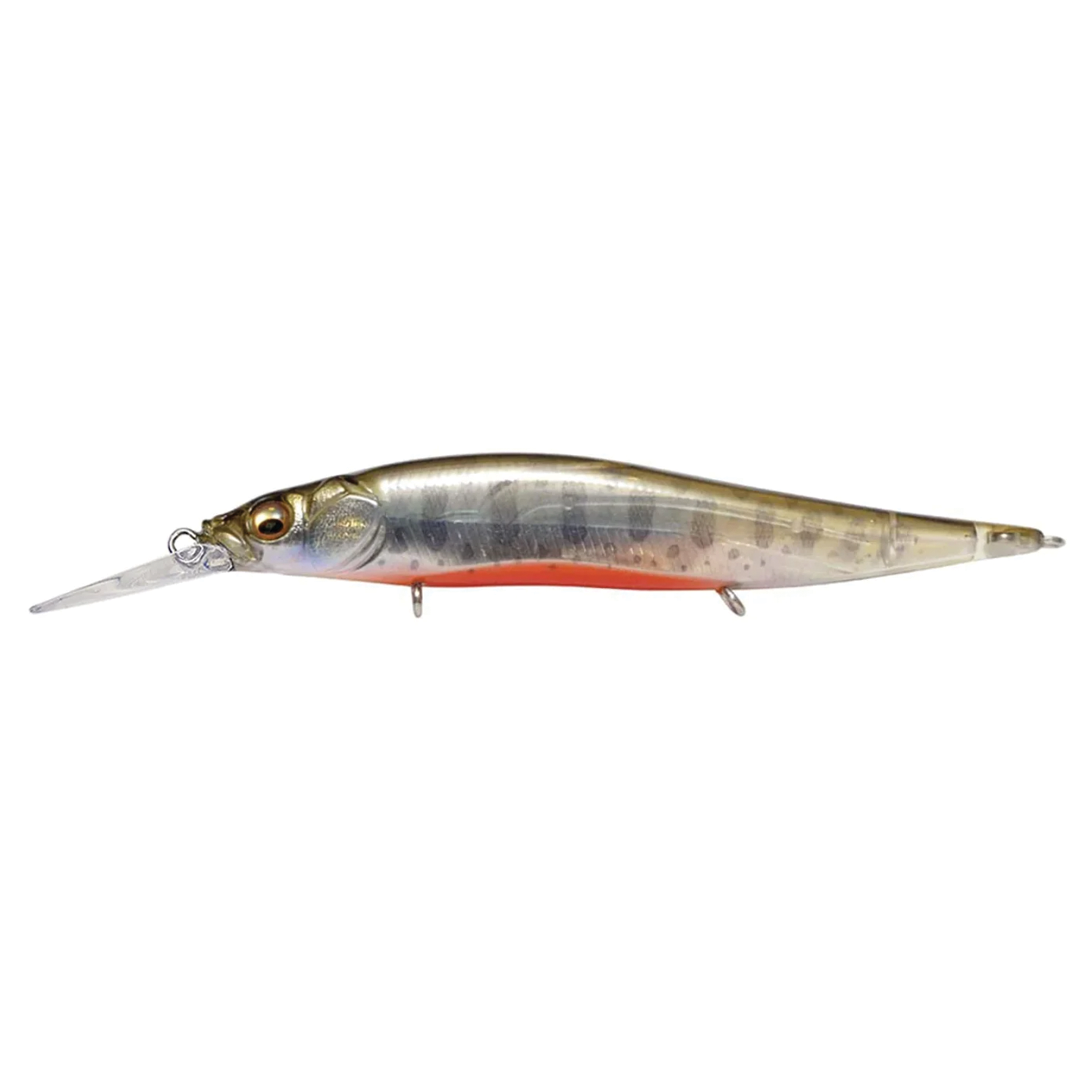 Megabass Vision 110+1 Jr. fishing lure with a transparent body featuring natural fish scale patterns, a red underbelly, and a long diving lip for precise fishing tackle performance.