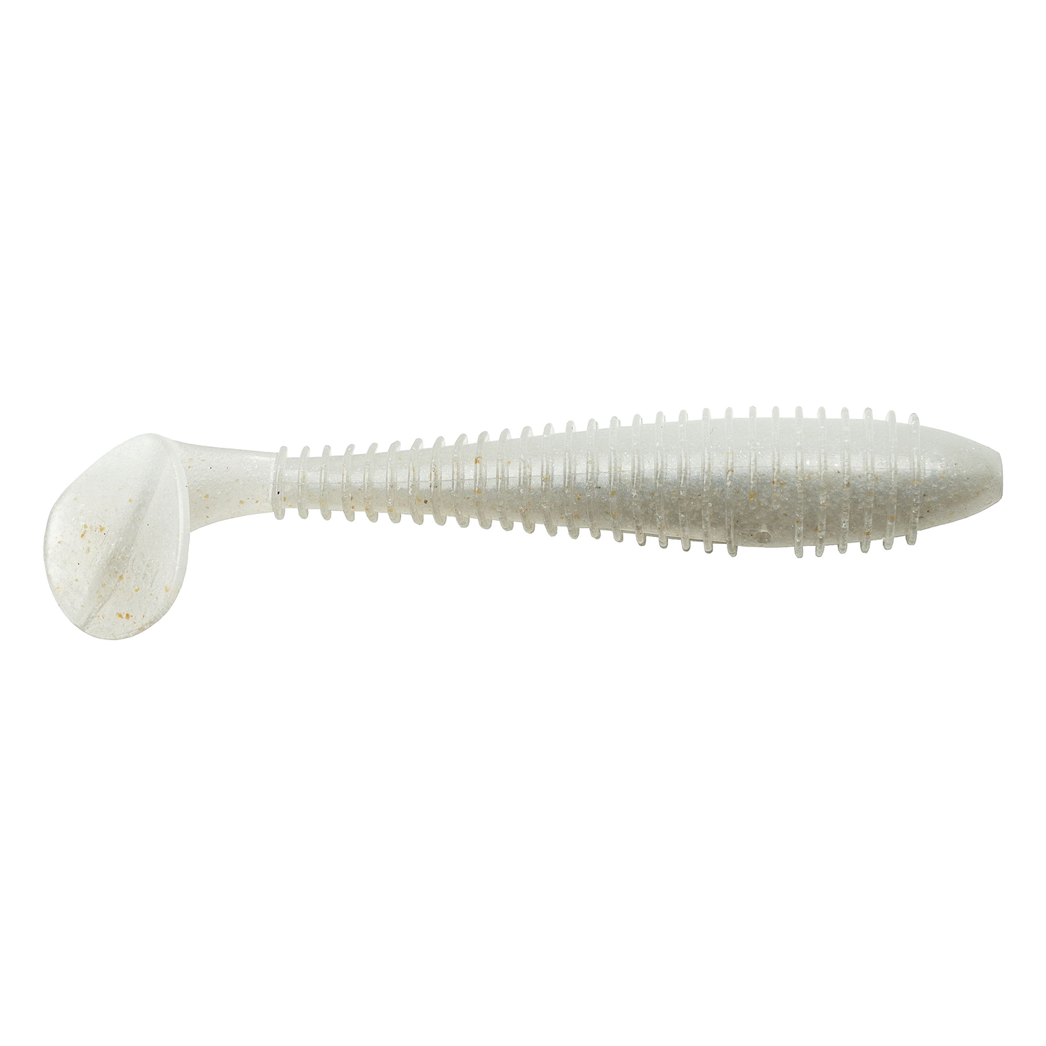 Keitech Fat Swing Impact 3.8" soft plastic fishing lure in translucent pearl color with ribbed body and paddle tail, designed for effective action in fishing tackle.