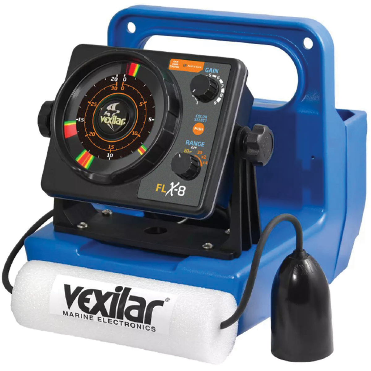 Vexilar FLX-8 Genz Pack w/ 12° Ducer ice fishing sonar flasher with blue carrying case and transducer for locating fish beneath the ice