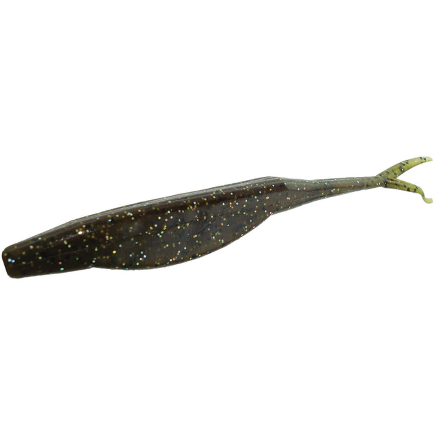 Zoom Bait Company Super Fluke soft fishing lure in dark brown with glitter flecks and a forked tail, designed for effective use in fishing tackle.