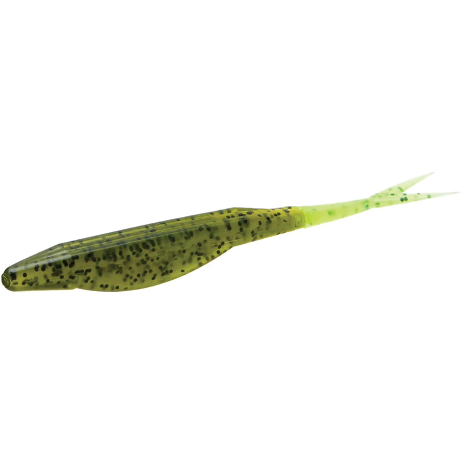 Zoom Bait Company Super Fluke fishing lure in green with black speckles, featuring a slender body and forked tail designed for lifelike movement in fishing tackle.