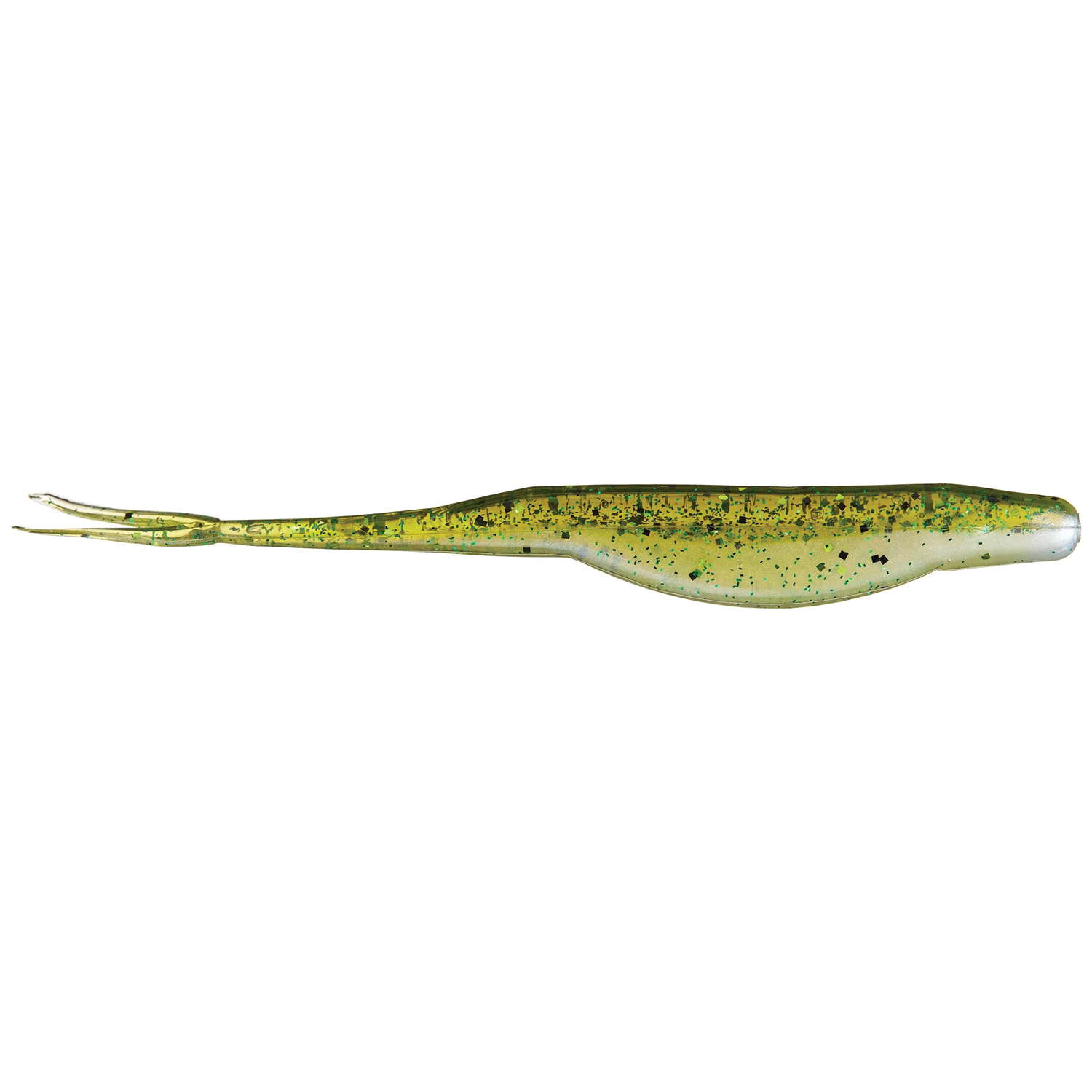 Zoom Bait Company Mag Super Fluke fishing lure in translucent green with black and green flecks designed for realistic movement in water, used for fishing tackle.