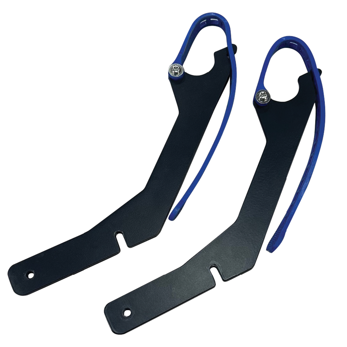 Pair of black metal Otter Sonar Sled Auger Racks with blue rubber-coated hooks designed to securely hold fishing equipment or accessories during ice fishing activities.