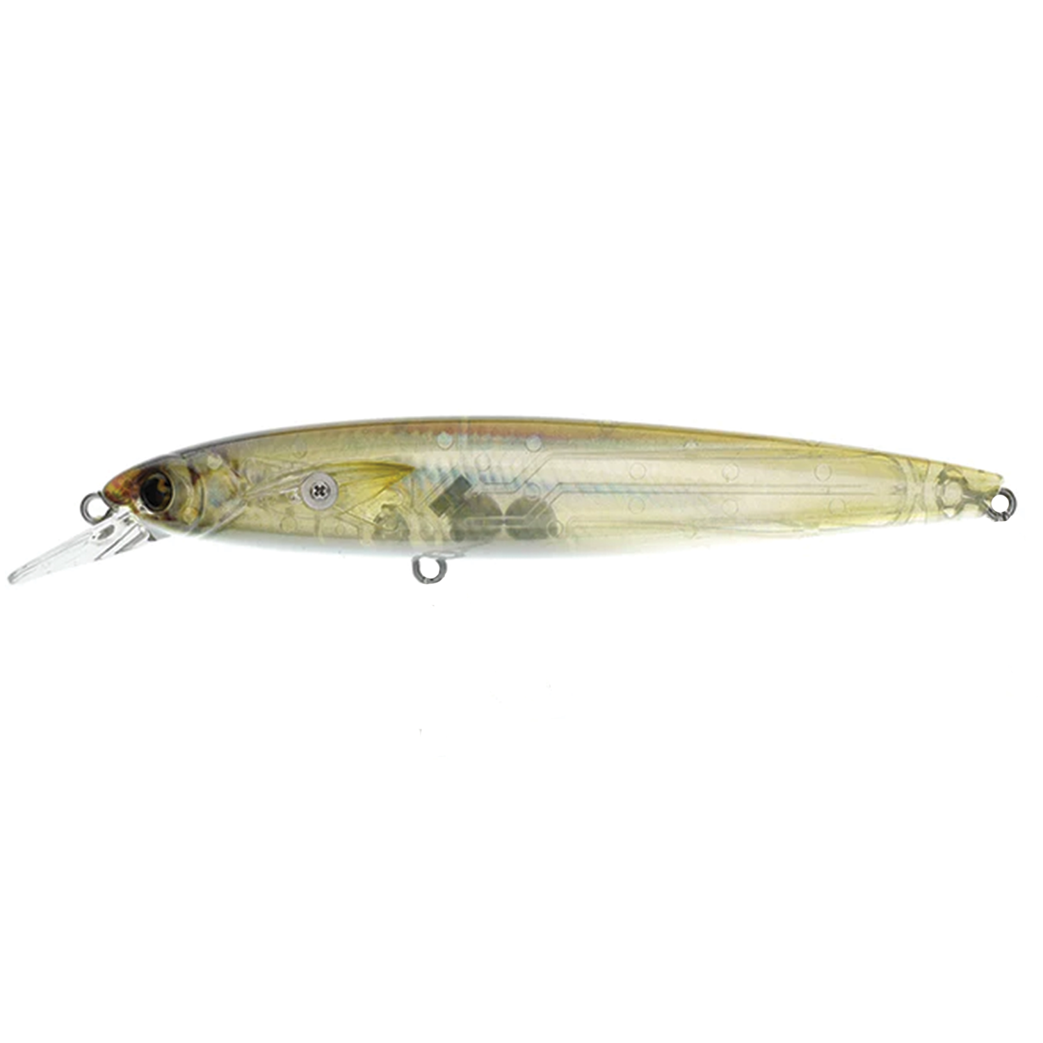 Transparent elongated fishing lure with subtle gold and silver tones, detailed eyes, and a small lip designed for diving, identified as Madotachi Hanitas SF Minnow.