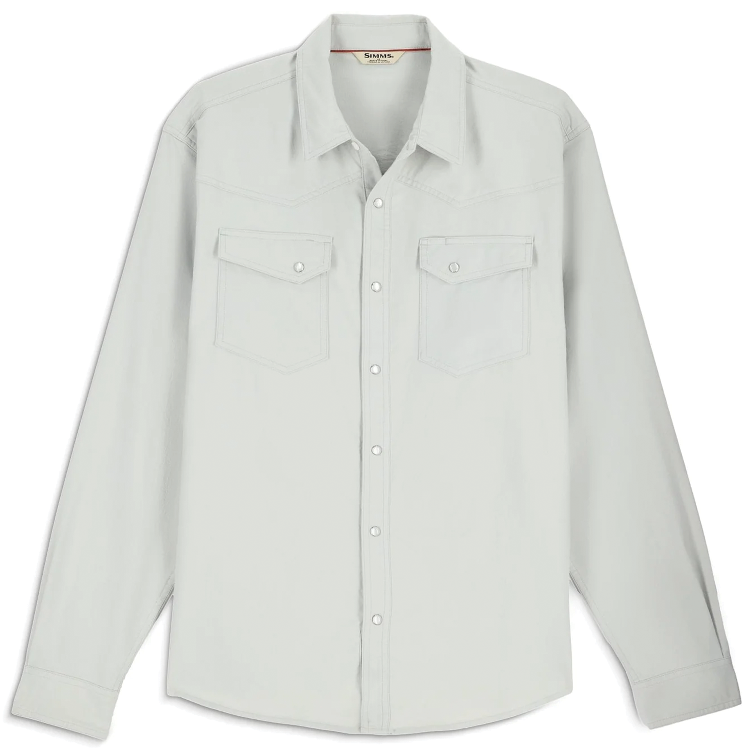 Simms Brackett Flannel - Men's in light gray, long-sleeve button-up shirt with two chest pockets, designed for outdoor activities like fishing and layered comfort.
