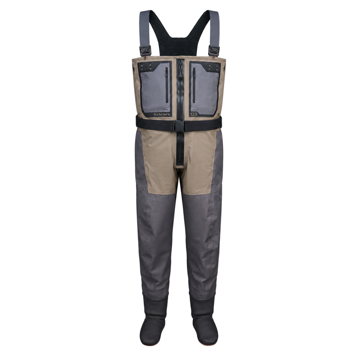 Simms G3Z Pro Stockingfoot Waders - Men's shown in gray and brown with adjustable suspenders zippered chest pockets and integrated stockingfoot boots