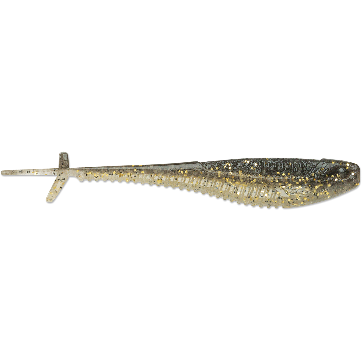Rapala CrushCity Mooch Minnow soft plastic fishing lure with a ribbed body split tail and glittered gray and gold finish for musky fishing