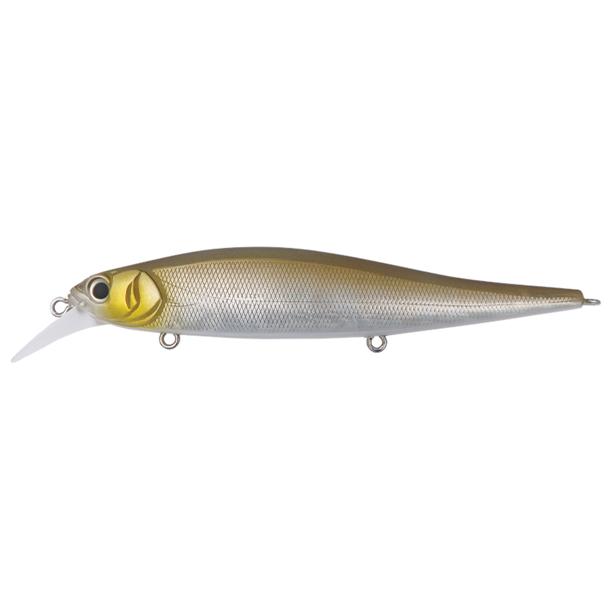 BottomUp Flanjer fishing lure in a silver and olive green finish with detailed scale texture, featuring a diving lip and multiple attachment points for fishing tackle use.